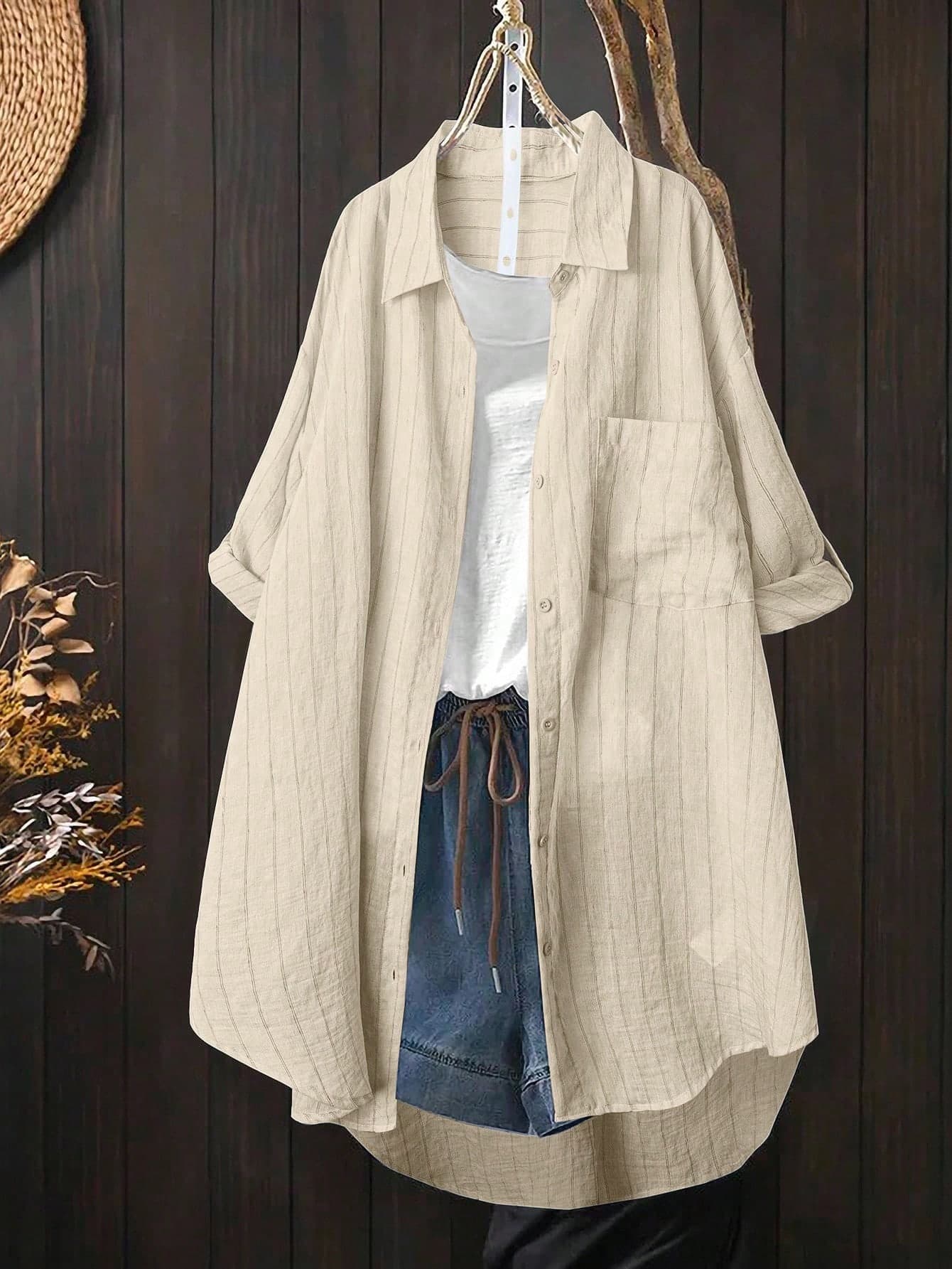 SHEIN LUNE Plus Size Striped Drop Shoulder Loose Casual Shirt Fall Cloth For Women