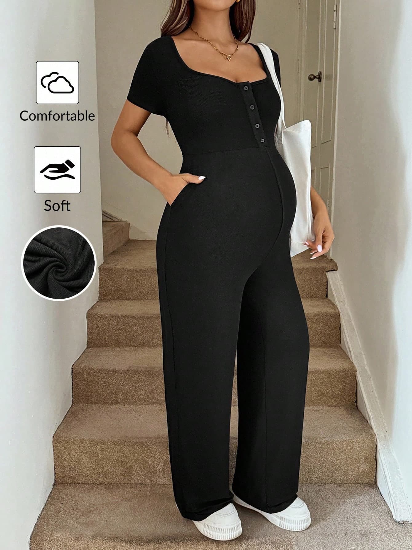 SHEIN Maternity Jumpsuits For Woman Pregnant Women Solid Color Patchwork Front Button Tie Waist Casual Jumpsuit, Fall Women Clothes World Cup