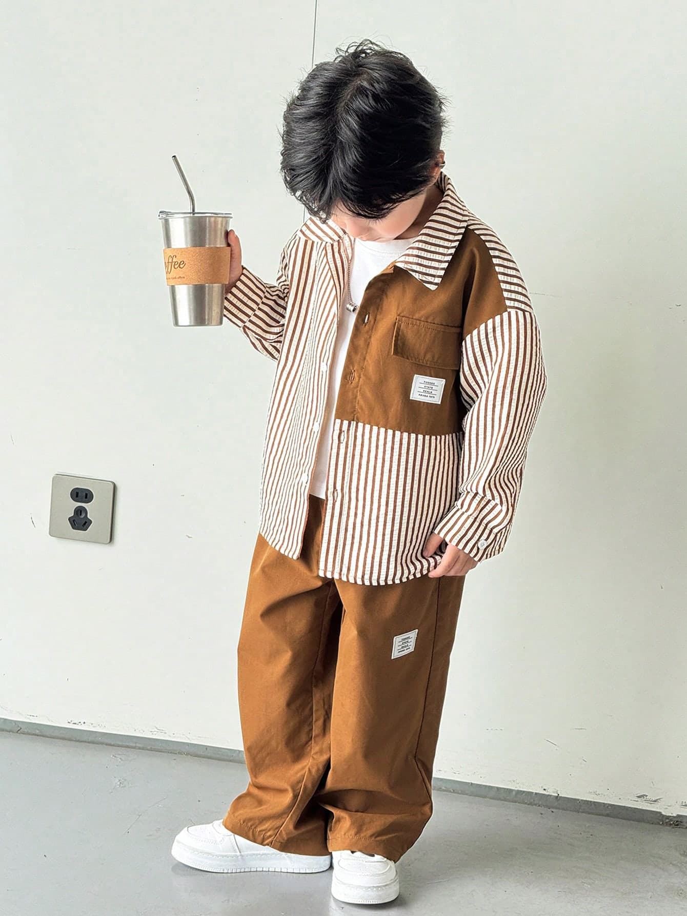 SHEIN 2pcs/Set Young Boys Comfy Casual Loose Fit Korean Style Striped Long Sleeve Shirt & Pants Set For School,Back-To-School Season,Summer Daily Wear