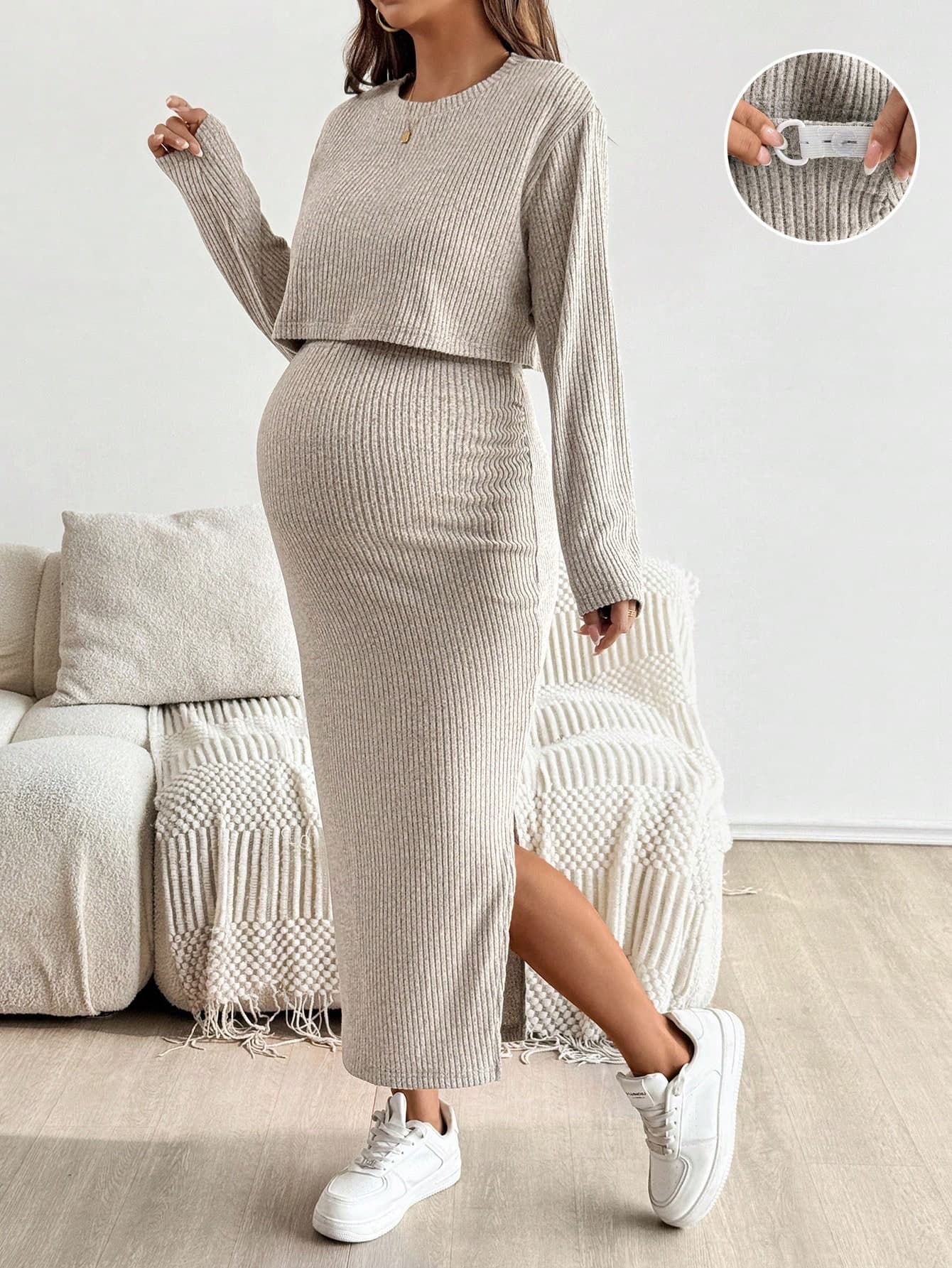 SHEIN Maternity Solid Color Round Neck Short Sleeve Top And Skirt 2 Pieces Set Fall Clothes Knit Two Piece Skirt Set Maternity Two Piece Set World Cup