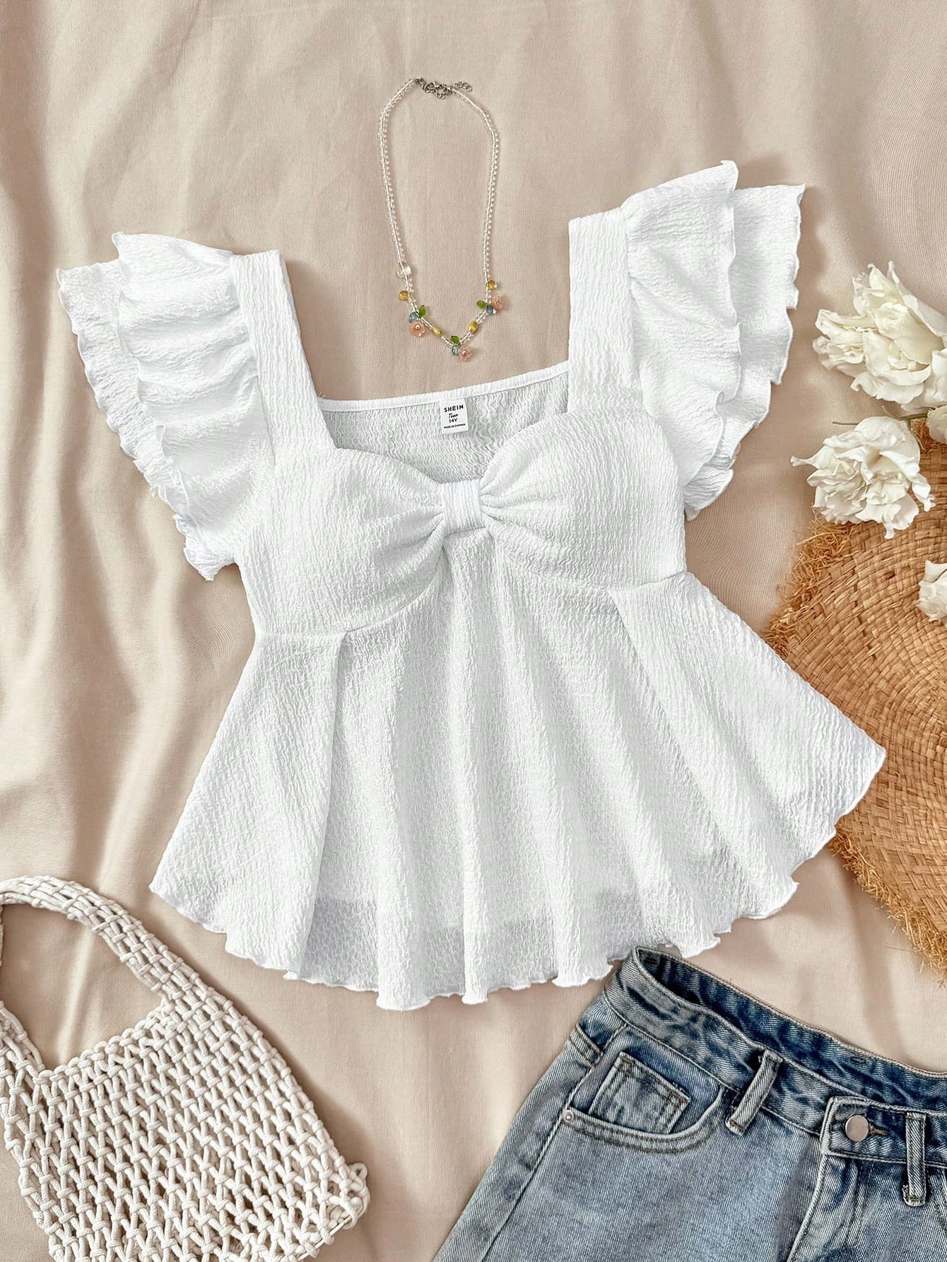 SHEIN Plain White Regular Length Teen Girls T-Shirt With Flounce Sleeves And Cute Style Babydoll Top Ruffle Sleeve Summer Blouse Tie Front