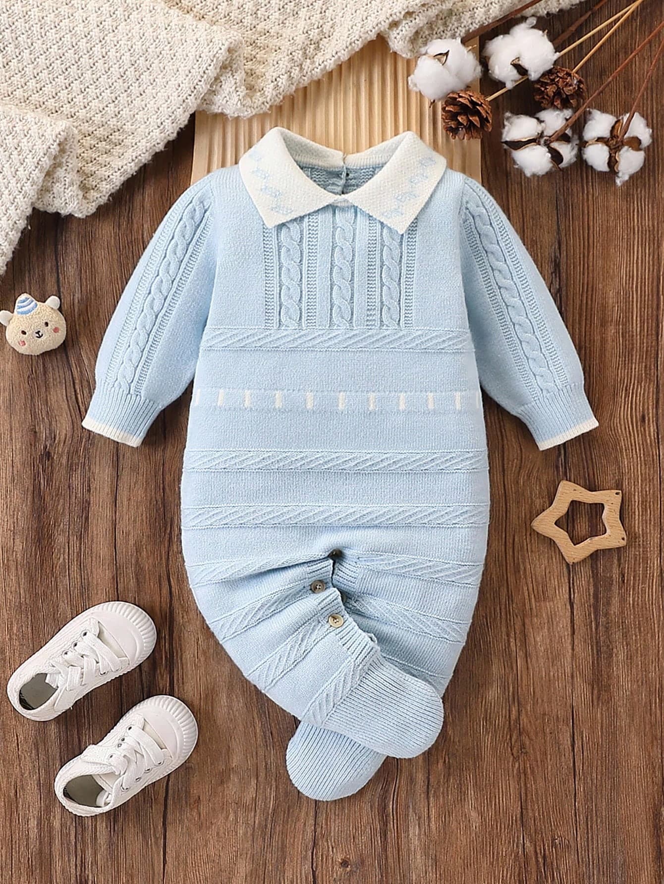 SHEIN Newborn Unisex Cute Baby Sweater,Long Sleeve Knit Jumpsuit With Feet,Comfortable Autumn Winter Turtleneck Romper,Elegant Fashionable Indoor Outdoor