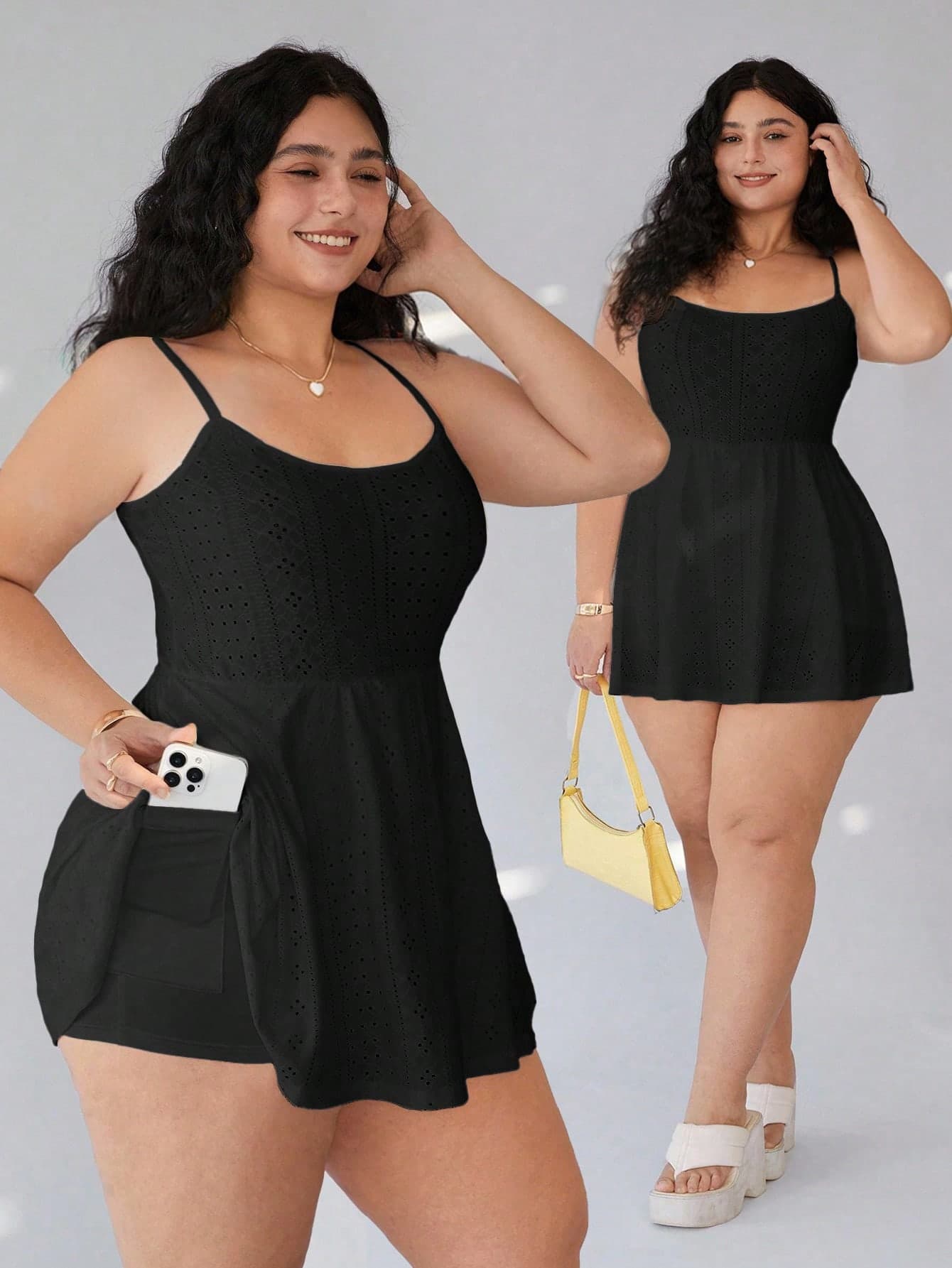 Solflare Plus Size Solid Color Jacquard Sleeveless Rompers Plus Size Summer Set Black Plus Size Swimsuit
