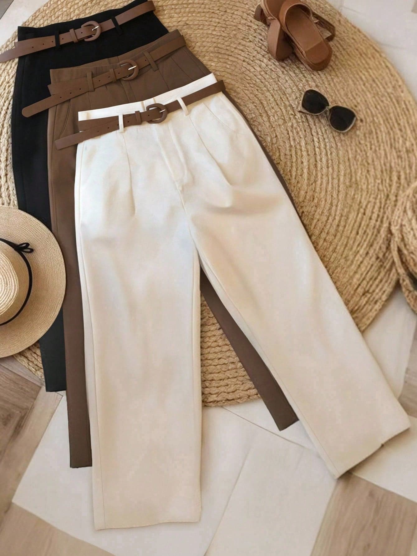 Women's Black & White Casual Trousers, Suitable For Commuting, Outdoor, Office, Summer & Autumn (Belt Not Included) Fall Cloth For Women