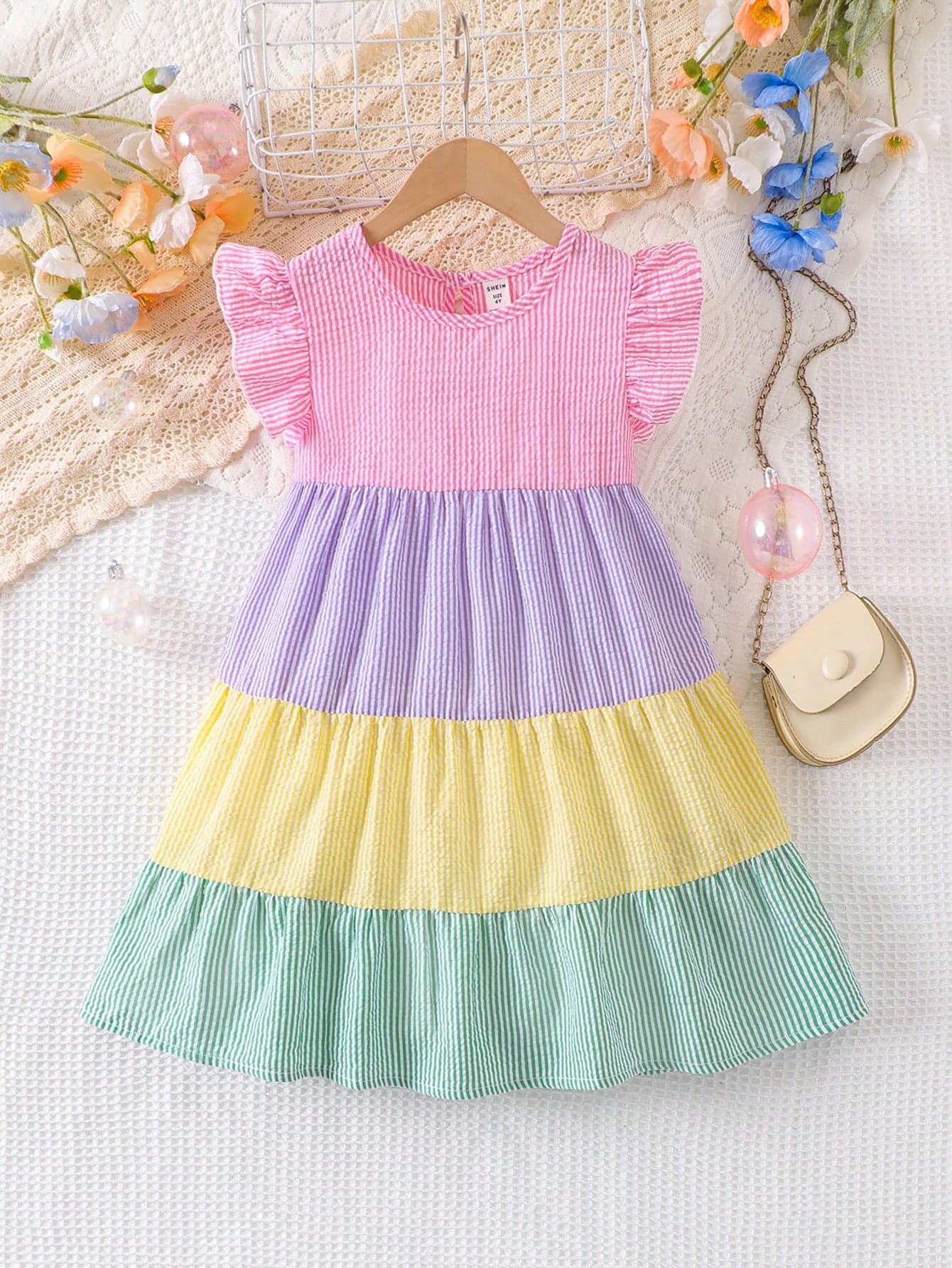 Elladie kids Young Girl Pink Colorblock Striped Casual Dress,Summer Fairy Kids Ruffle Tiered Rainbow Pastel Dress,Matching Family Vacation Cap Sleeve Round Neck