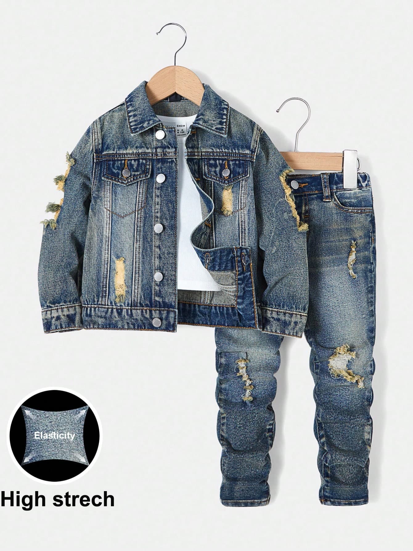 SHEIN Young Boy 2pcs Fashion Casual Blue Cut Out Ripped Frayed Denim Long-Sleeved Jacket And Elastic Cut Out Ripped Frayed Design Skinny Jeans For Dailywear And Boys Outfits Fall Clothes