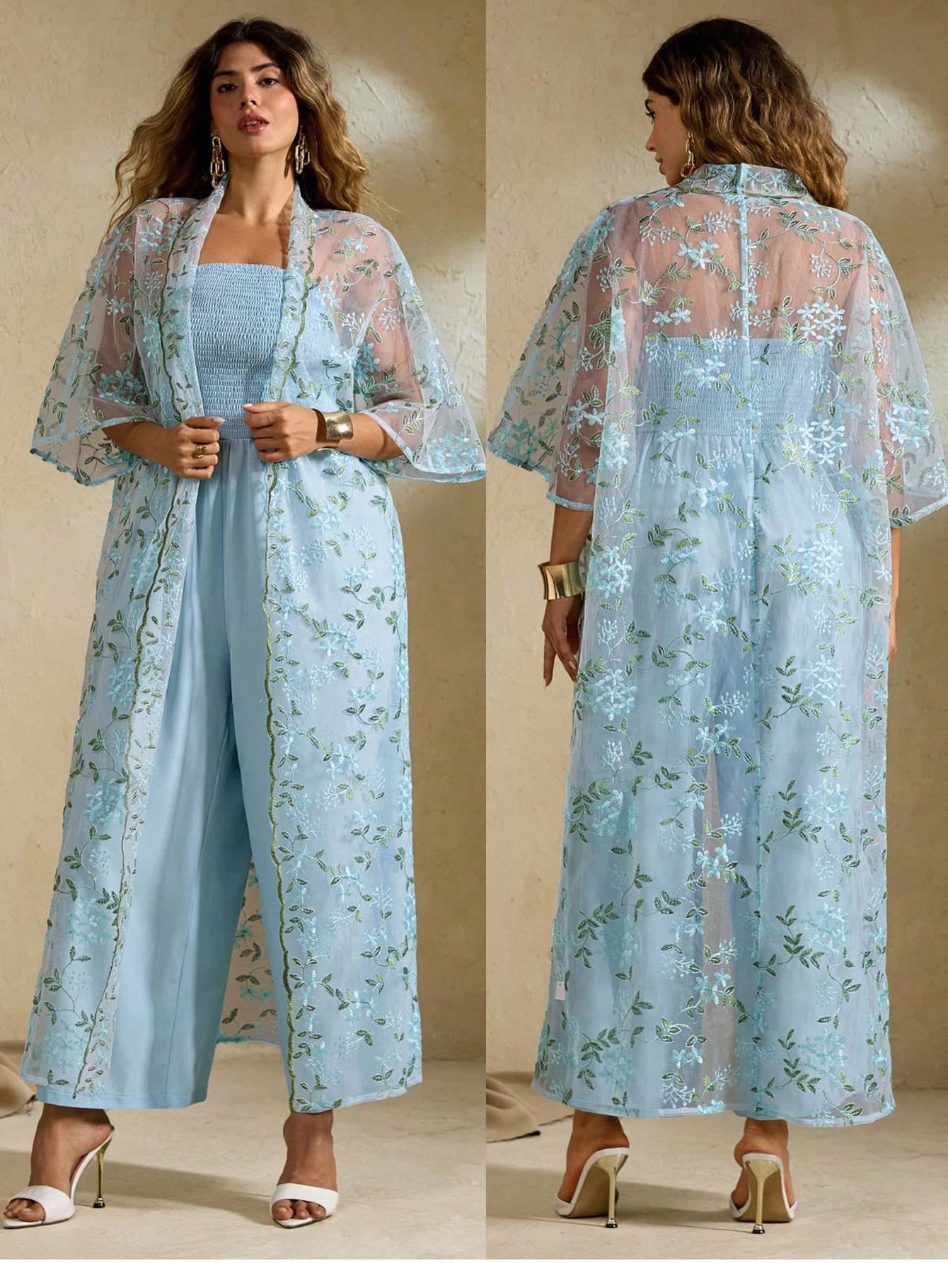 Flirla Plus Size Women Elegant Mint Green Strapless Jumpsuit With Lace Embroidery Sheer Outer Jacket 2pcs Set