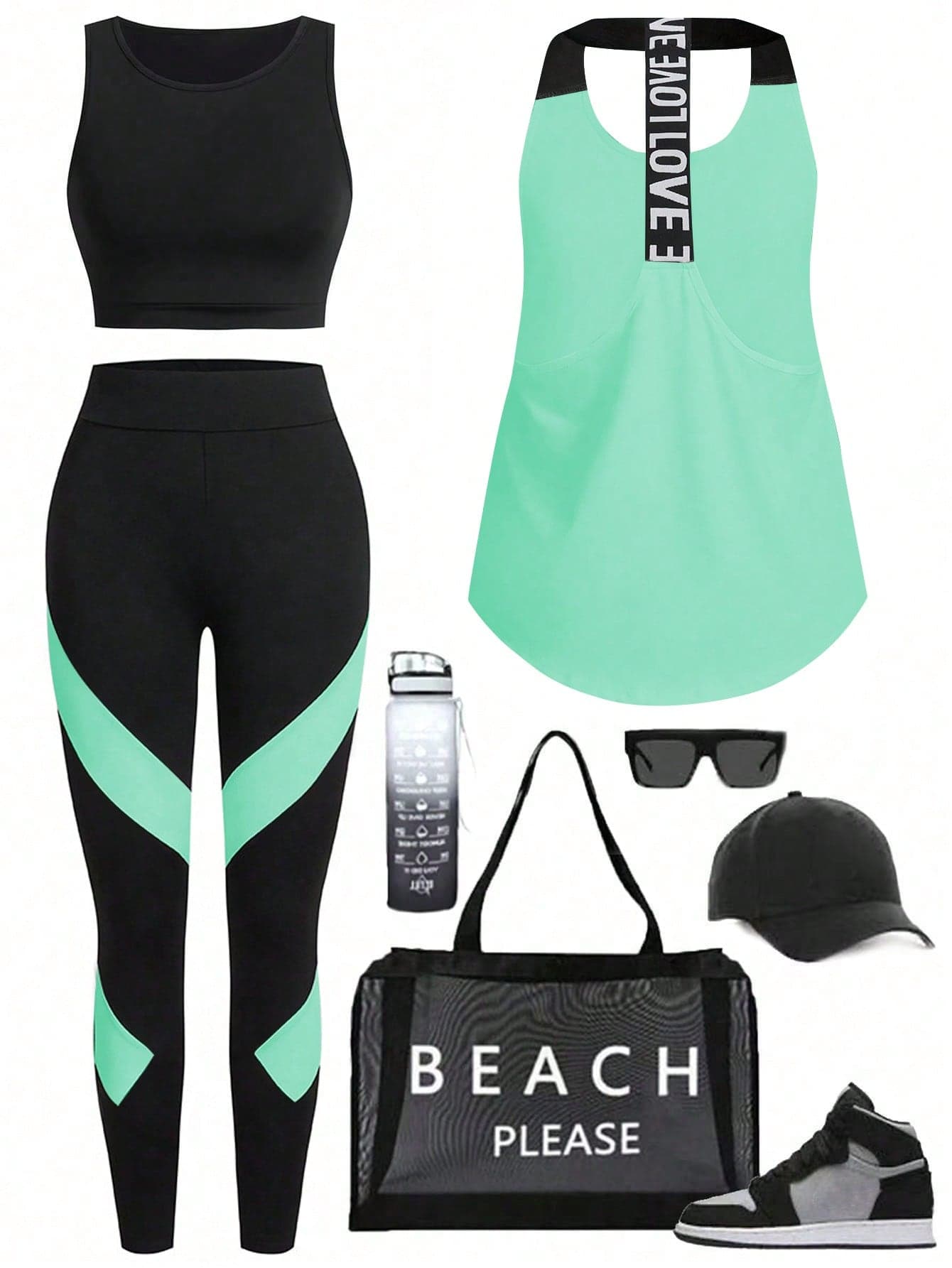 SHEIN Sports Women Letter Strap Vest & Contrast Color Leggings Workout Sets,Mint Green,Summer,Athleisure,Casual,Gym Activewear Set Workout Clothes For Women