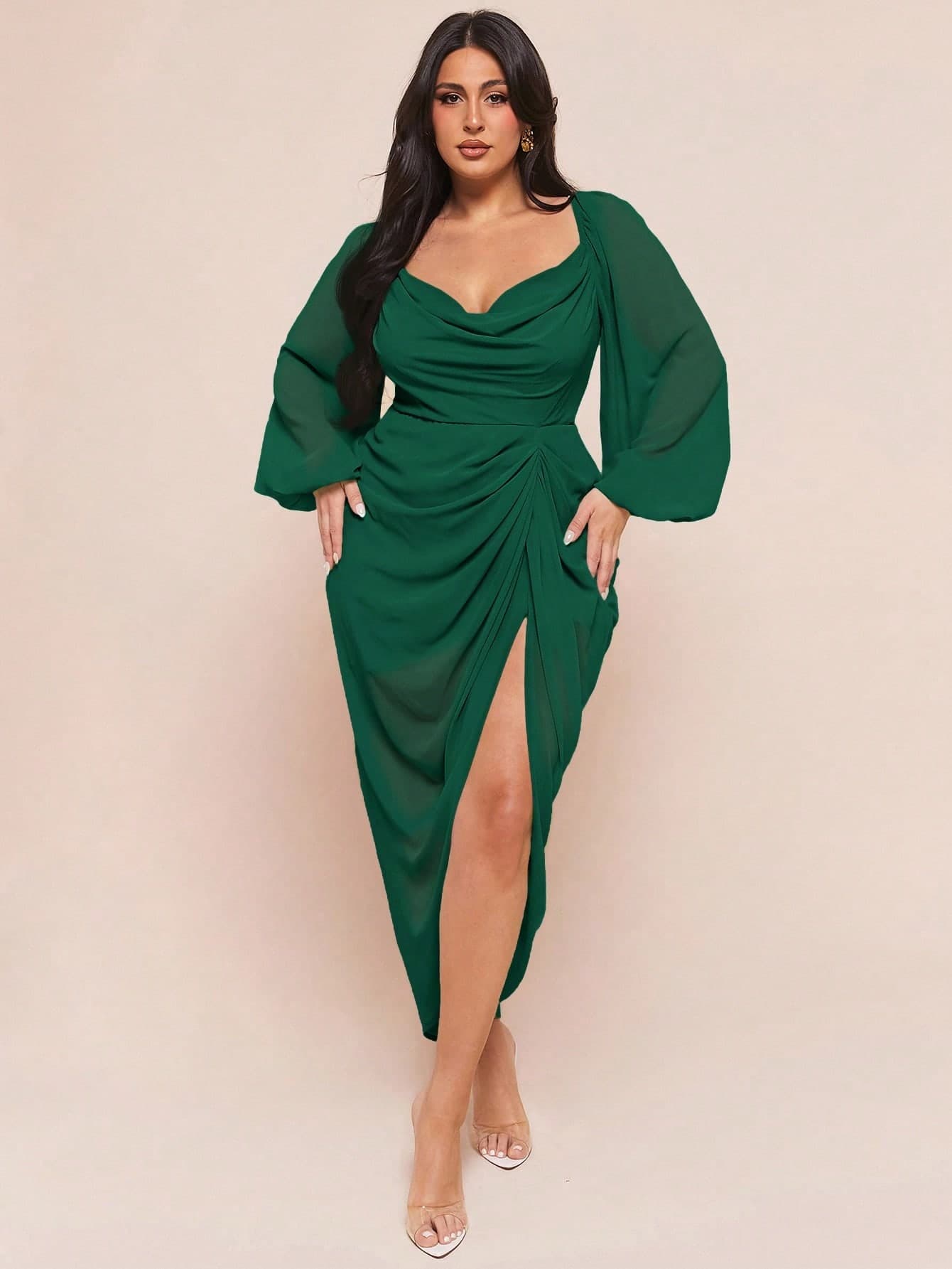 SHEIN BAE Plus Size Women's Elegant Wedding Guest Dark Green Dress,Winter Glitter Sequins Draped Neck Ruched Asymmetrical Hem Slit Long Sleeve Party Dress Fall