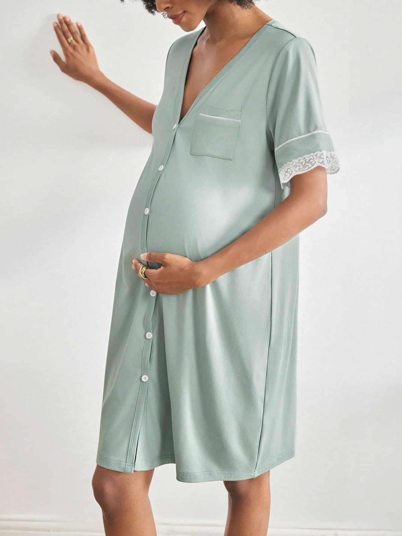 Moonlight&Mama Maternity Short Sleeve Nursing Nightgown With Lace&Button,Fashion Loungewear Sleepwear Pajama Dress Sleep Shirt