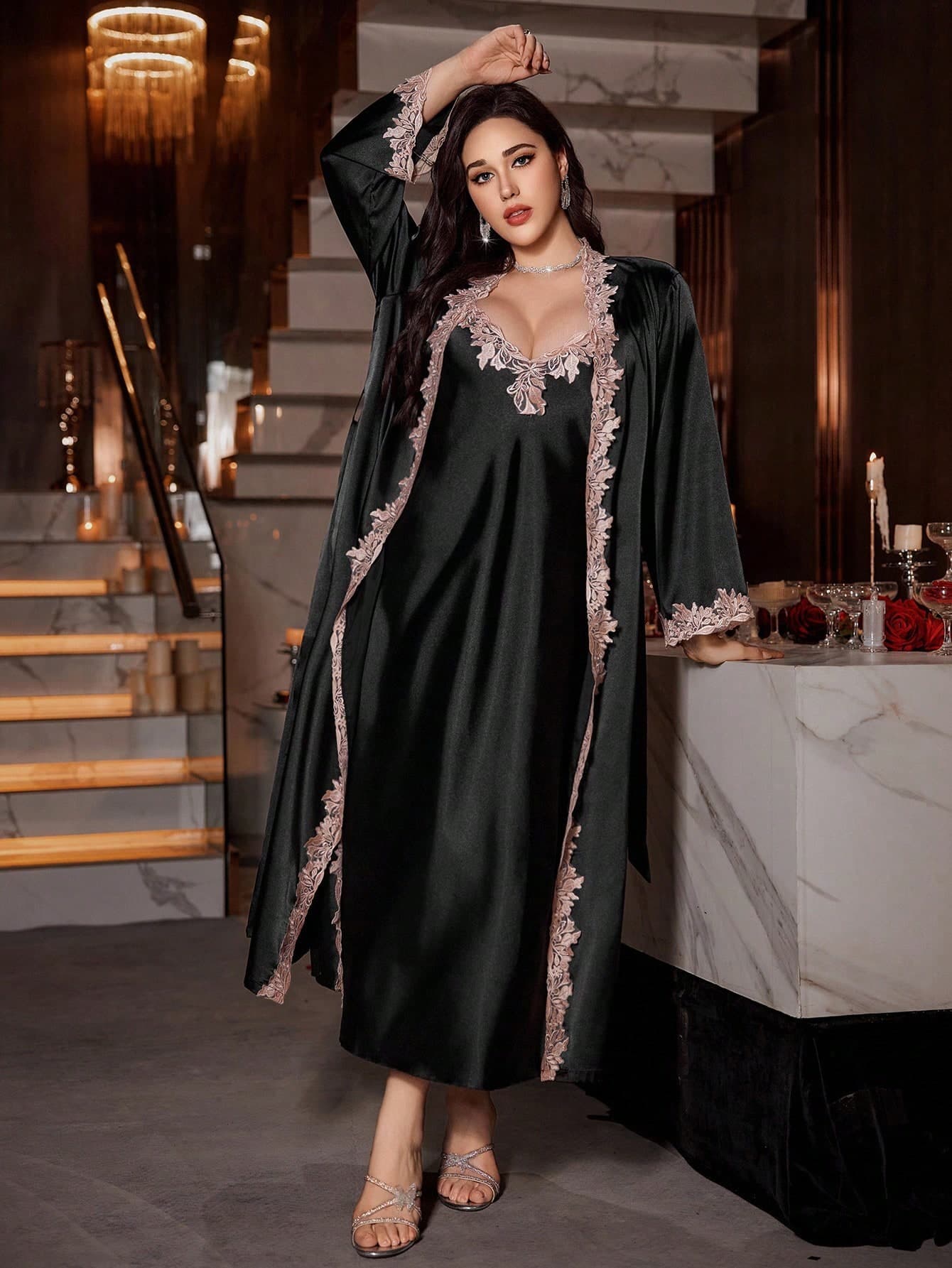 SHEIN 2pcs Plus Size Contrast Lace Trim Satin Look Slip Dress And Robe Set Silk Dress Robe Set Silk Sleepwear Dress With Robe Lace Trim Silk Robe