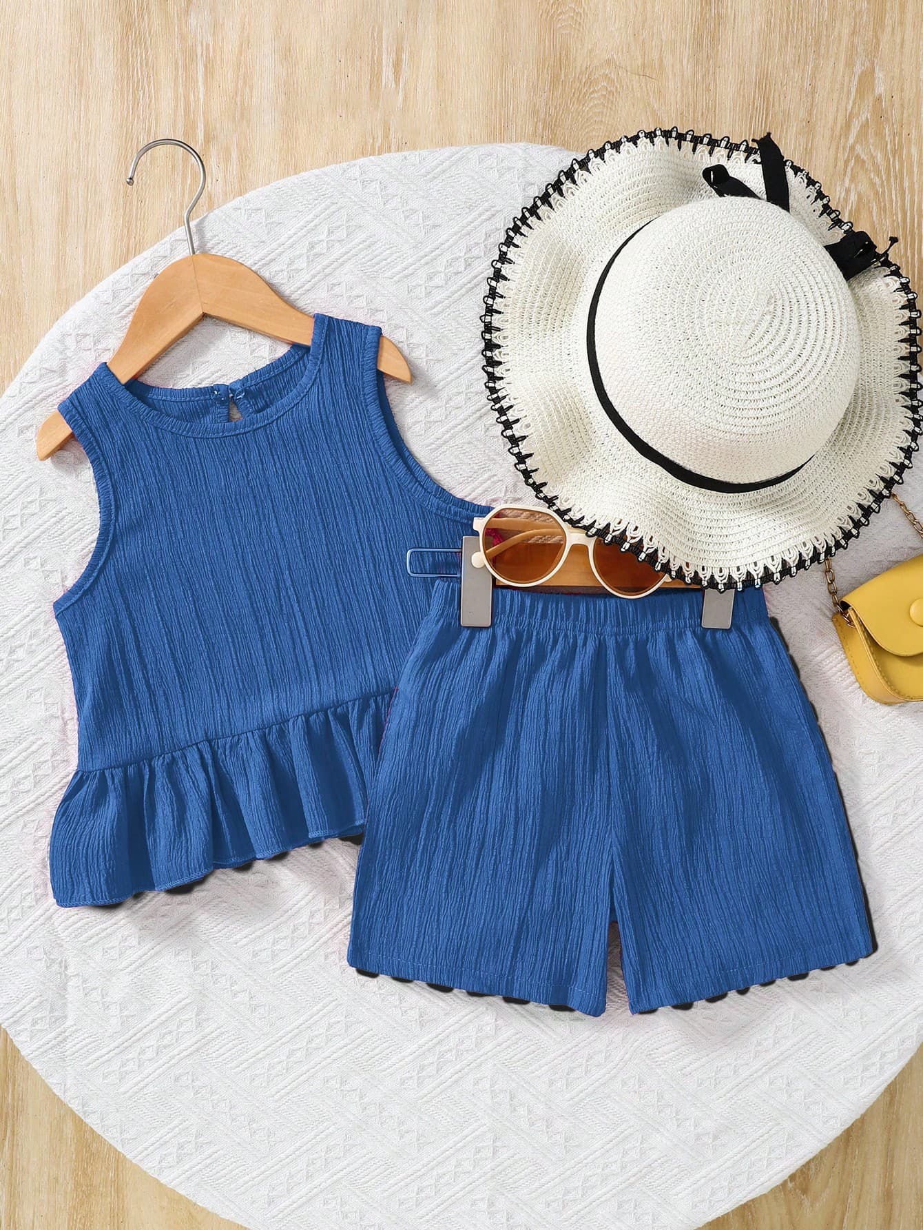 Genkimix Kids 2pcs Young Girl Set: Woven Solid Color Round Neck Sleeveless Tank Top And Woven Solid Color Loose Shorts Girls Outfit Sets