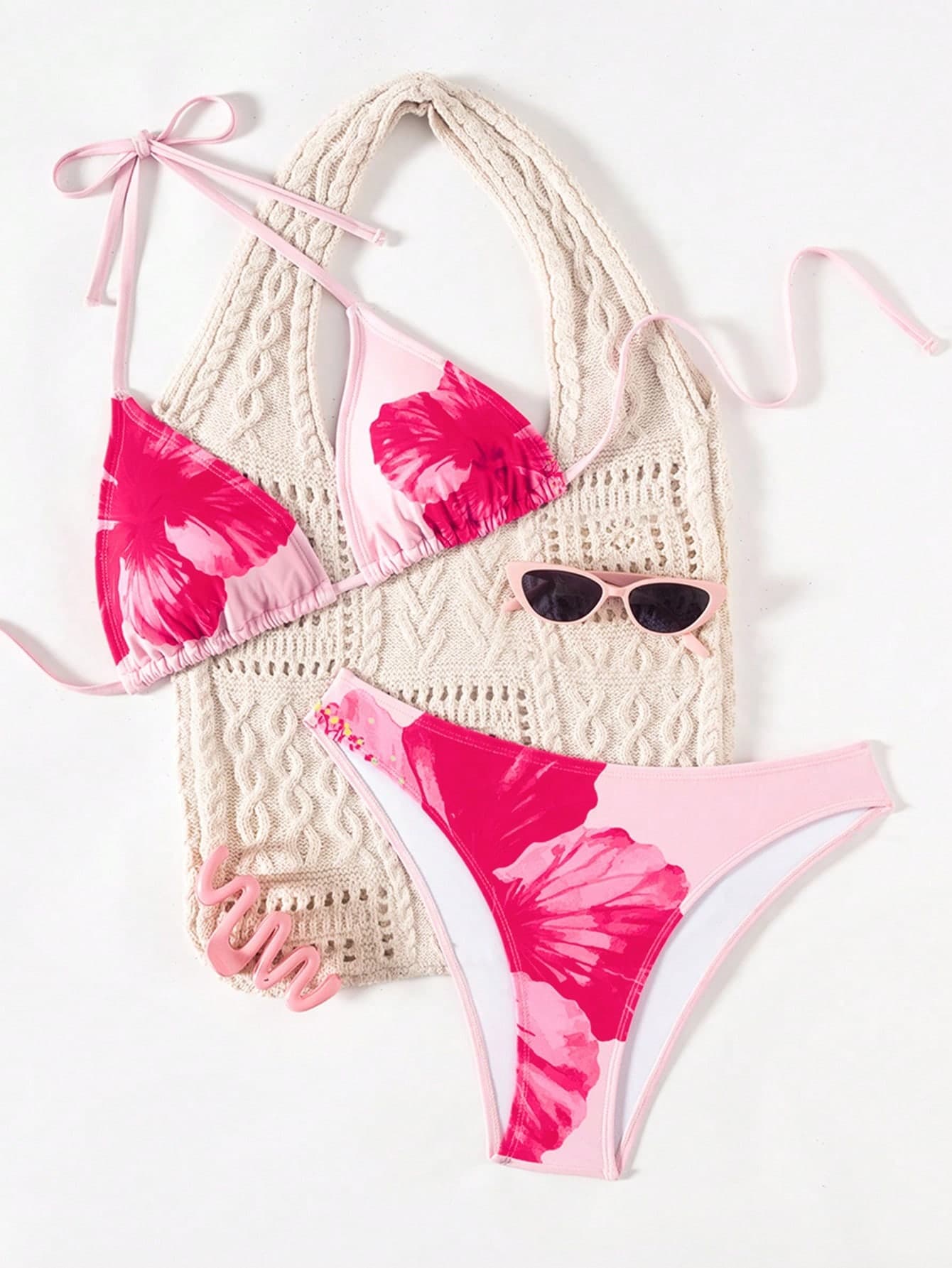 Swim Mod Women Summer New Tropical Halter Tied Low Waist Triangle Bikini Swimwear Set With Graphic Print Holiday Pink Floral Floral Holiday Vacation Tropical