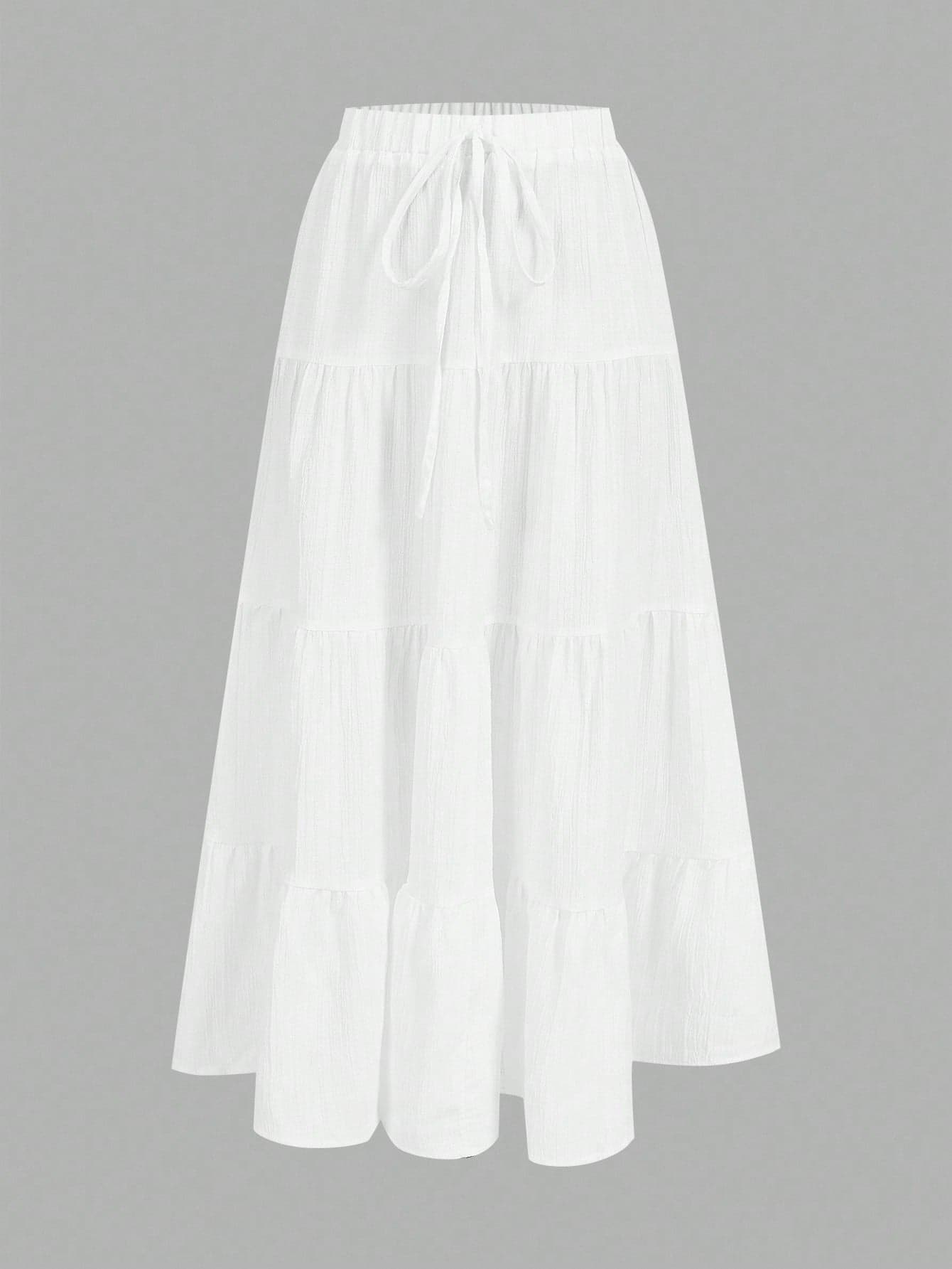 SHEIN EZwear Women's Casual Holiday Multi-Layer Cake Hem Skirt, Suitable For Summer White Tiered Skirt Long White Skirt Drawstring Skirt Summer Skirt Chic Dress