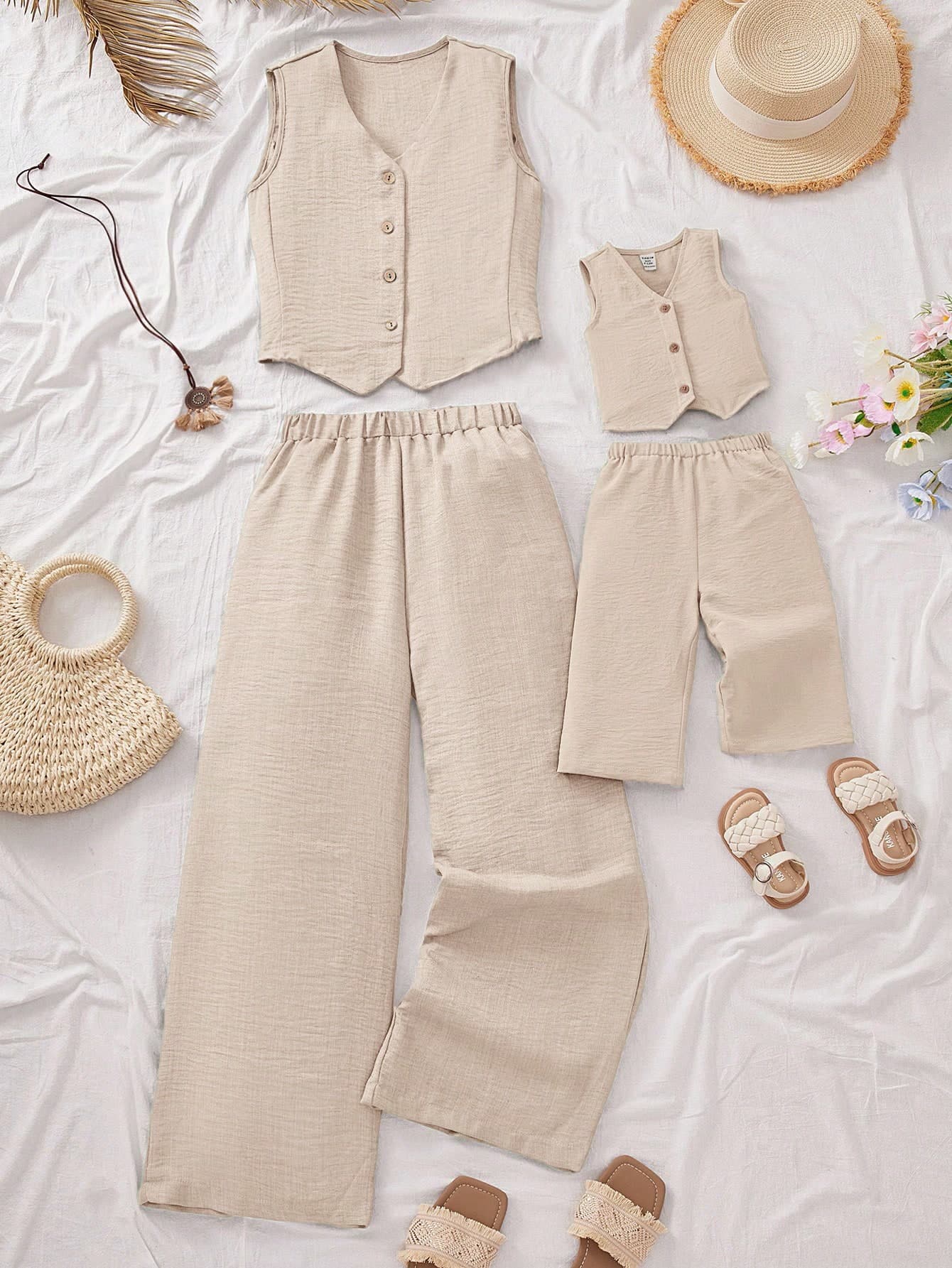 SHEIN 2pcs/Set Cute Baby Girls Khaki Sleeveless Top And Elastic Waist Pants,Summer Outfit Mommy Me Clothes Set Linen Matching Co Ord Girl
