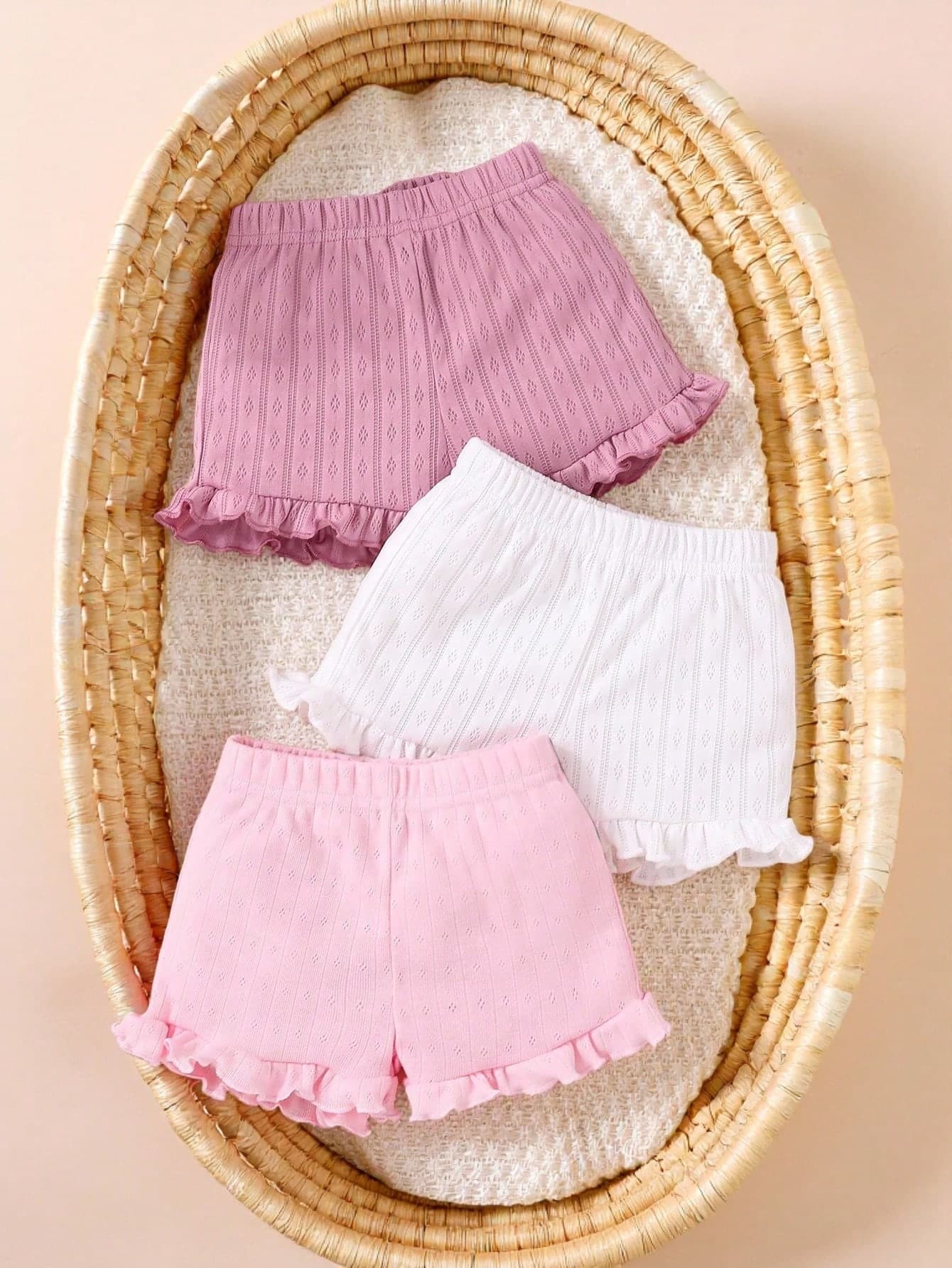 SHEIN 3pcs/Set Baby Girl Cute Pink And White Striped Summer Shorts Set Floral Hollow Out Knitted Fabric Ruffle Hem Stretchy Waist Holiday Casual Wear