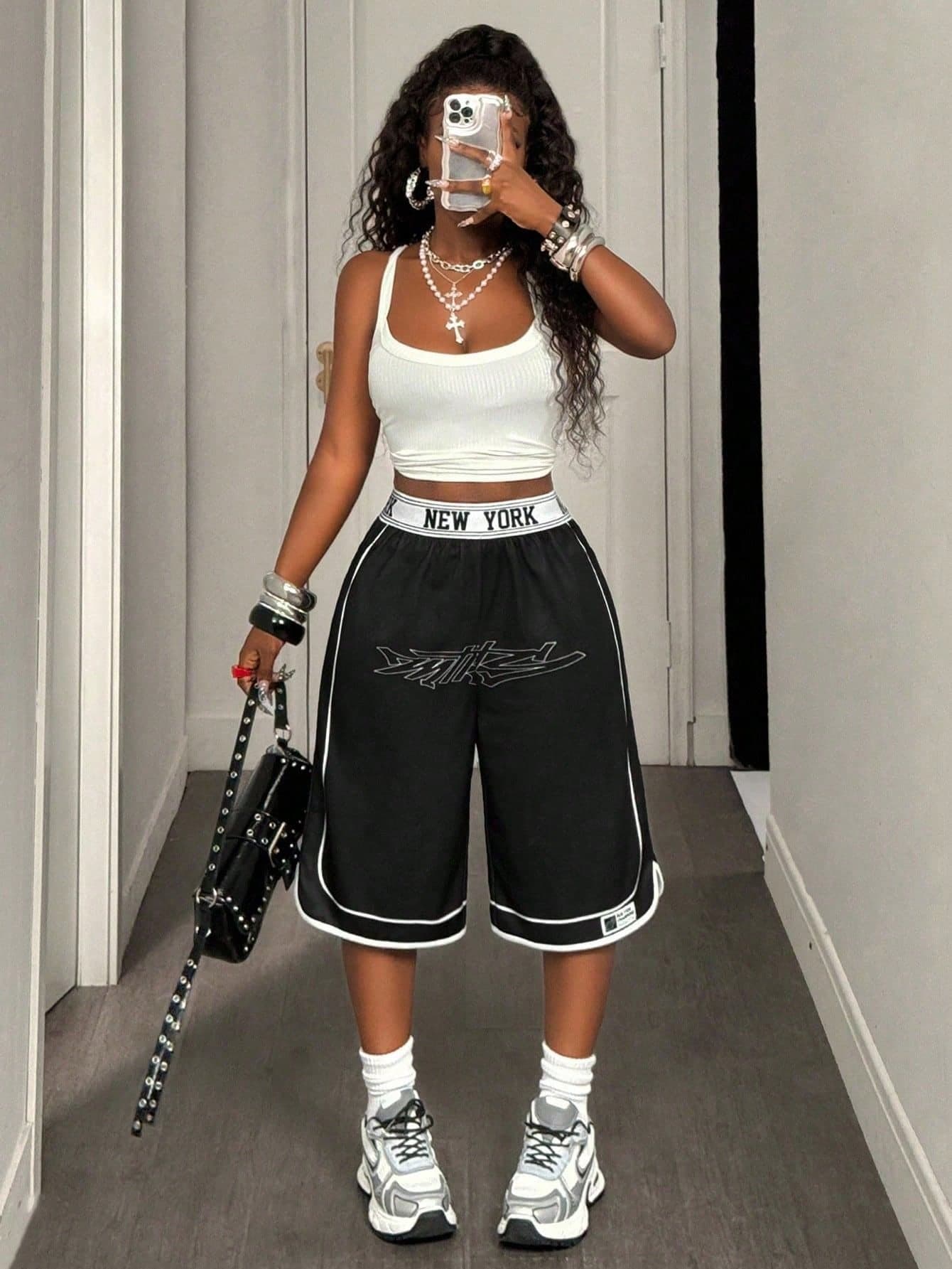 SHEIN PETITE Women's Casual Sports Shorts With Colorful Contrast Panels, New York Design,Y2k, Country Concert ,Petite Women