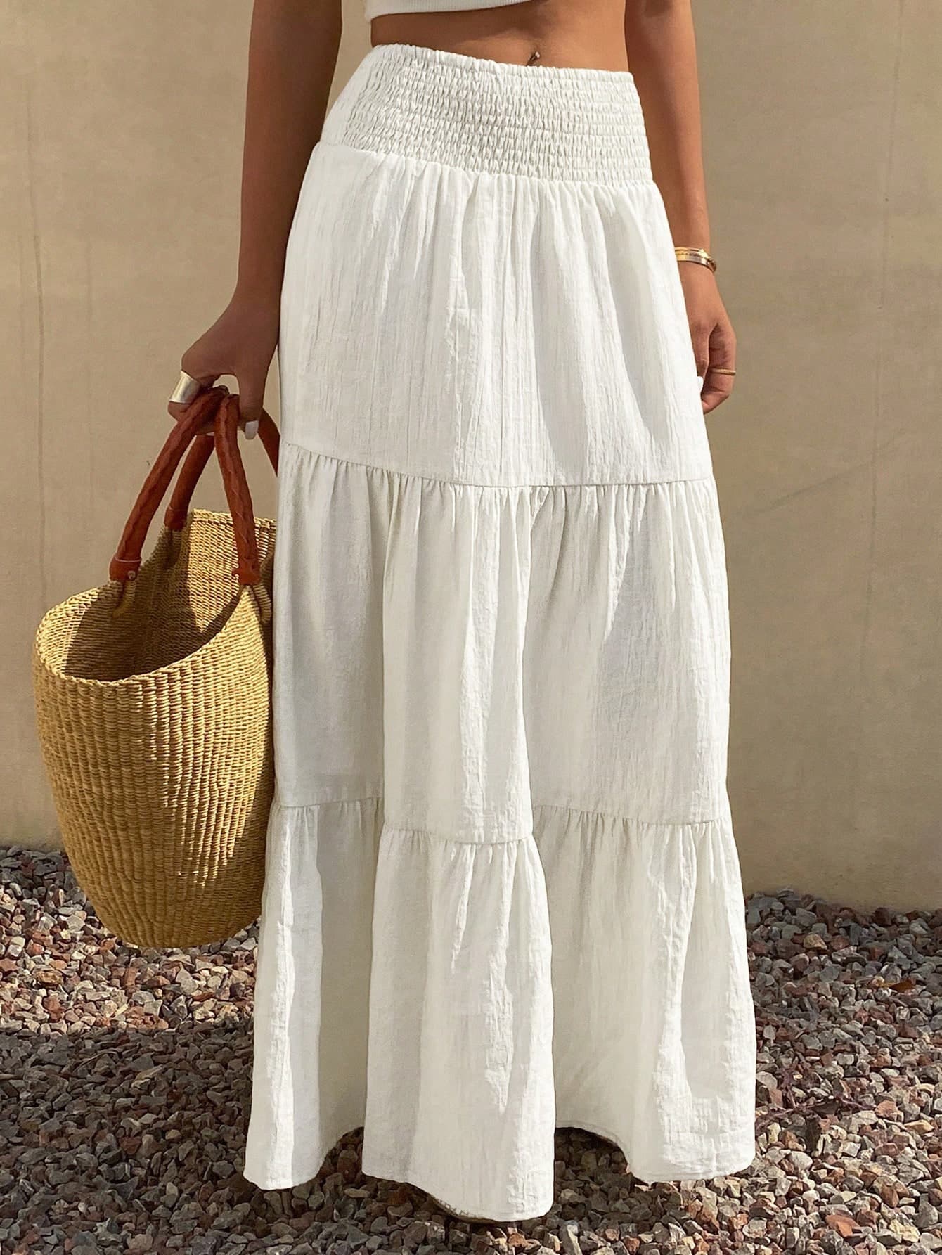 DAZY Women's Summer Vacation Solid Color Textured Ruffle Hem A-Line Skirt Boho