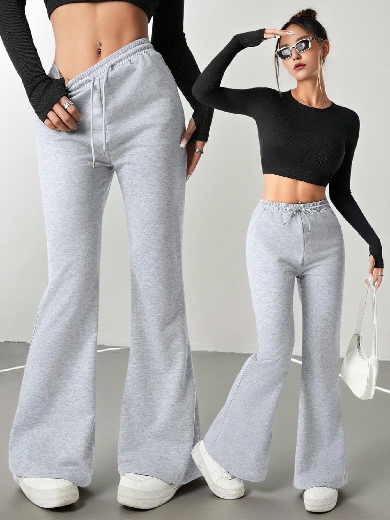 Women & Teen Girls' Casual Fashion Gray Skinny Flare Sweatpants, Comfortable Knit Flare Pants, Casual Joggers For Spring Autumn