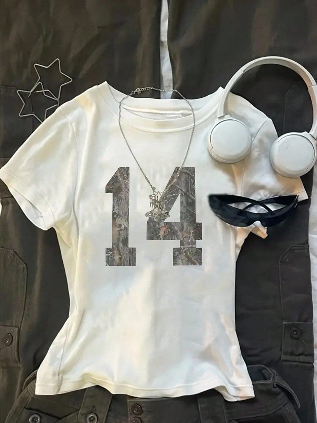 Cropped Girls' Numeric Print Casual Streetwear Short Sleeve T-Shirt, Suitable For Summer Number 14 Shirt Kids Holiday School White Camo