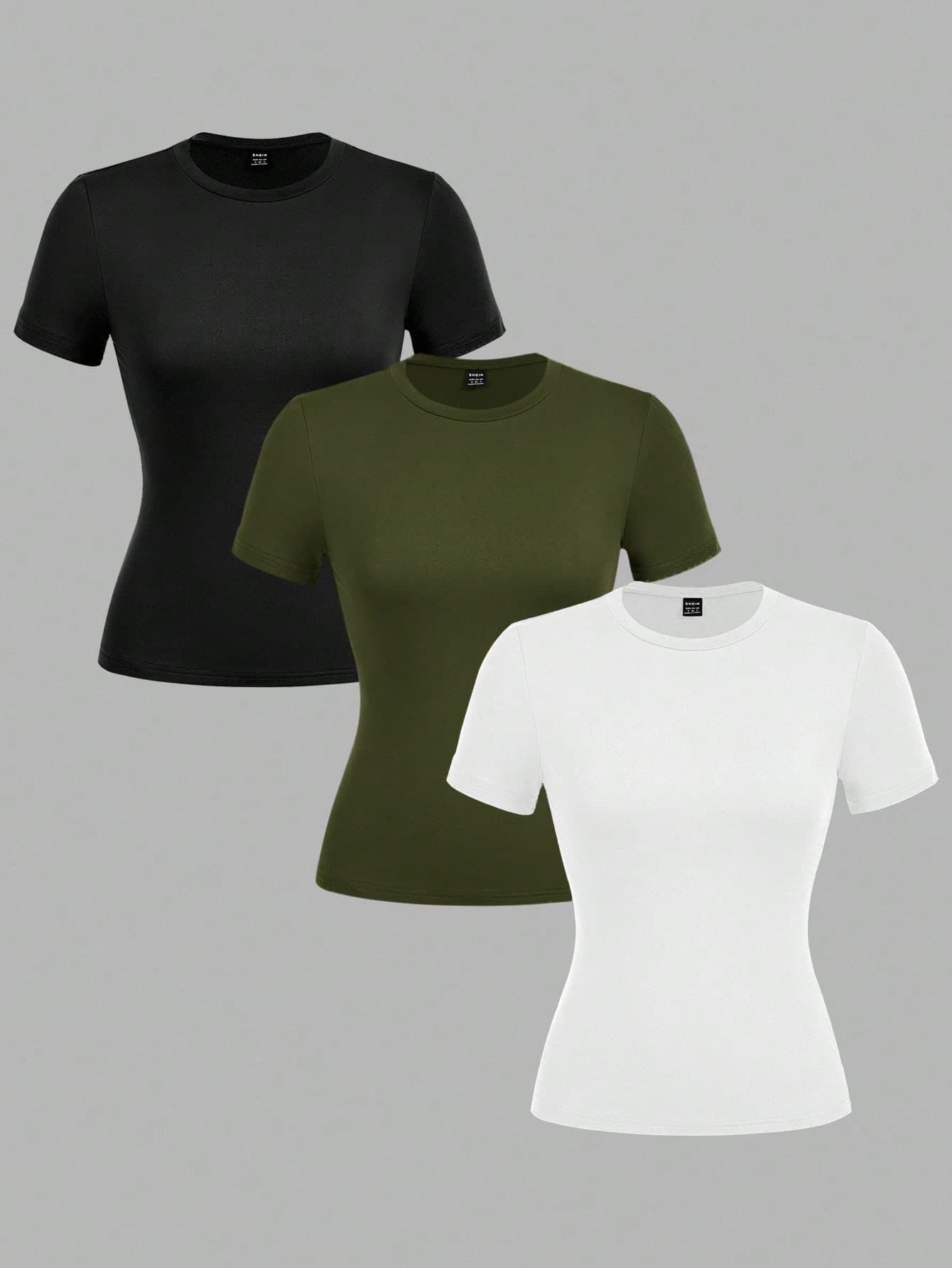 SHEIN EZwear 3pcs/Set Women's Black, Green, White Round Neck Casual Tight Fit Long Sleeve T-Shirt Set, Suitable For SummerIn Fall/Winter