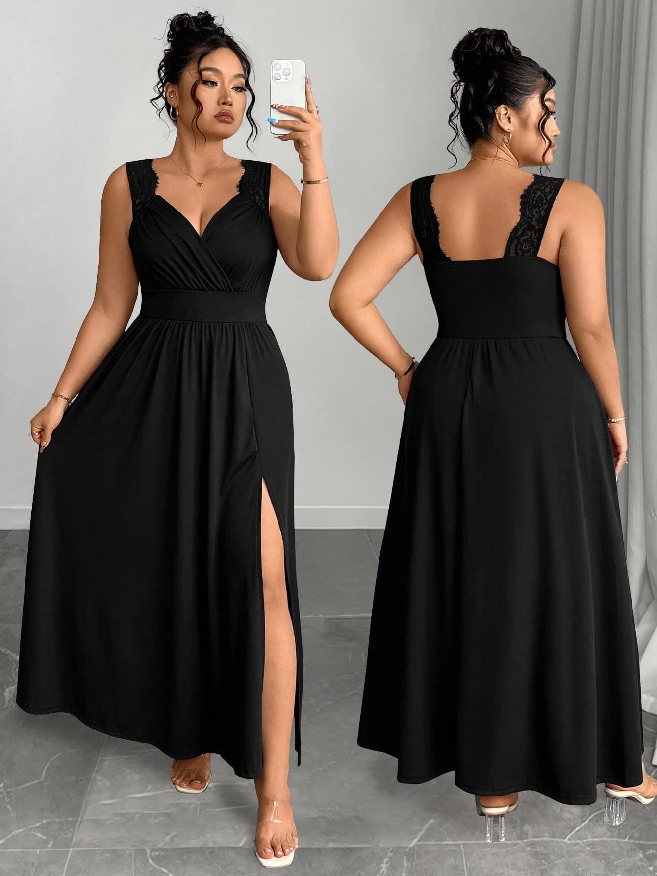 Elenzga Plus Size Elegant Black Autumn Formal Evening Night Dress,Deep V Neck Wrap Maxi Dress With Slit Hem,Curvy Women's Lace Shoulder Sleeveless Gown