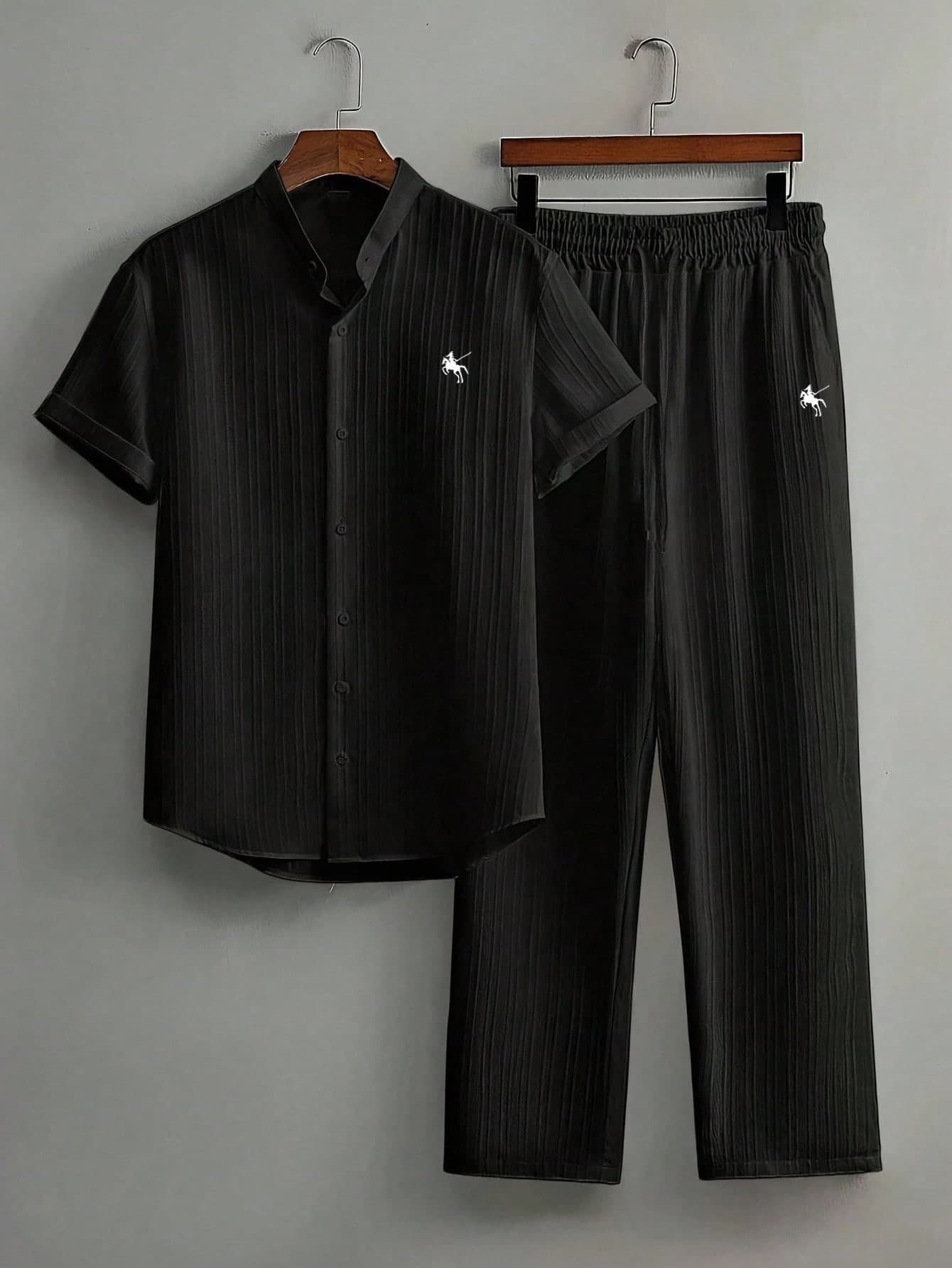 Manfinity Dauomo 2pcs Men's Casual Loose Fit Short Sleeve Shirt And Pants Set, Cozy Outfits