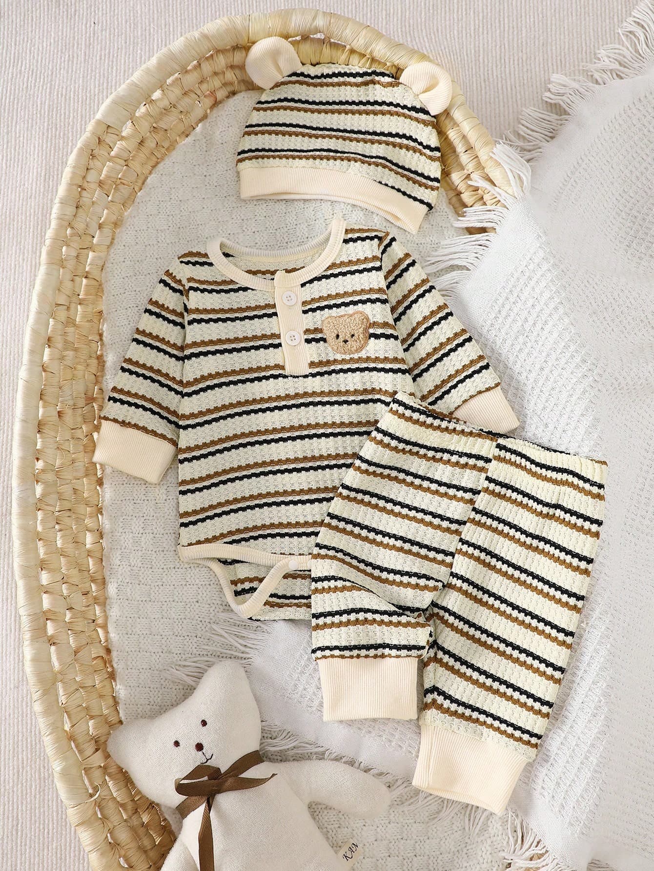 SHEIN 3pcs Newborn Baby Boy Black And White Striped Long Sleeved Jumpsuit Pants Hat Set Autumn Cute Teddy Bear Open Chest Romper Family Matching Outfit