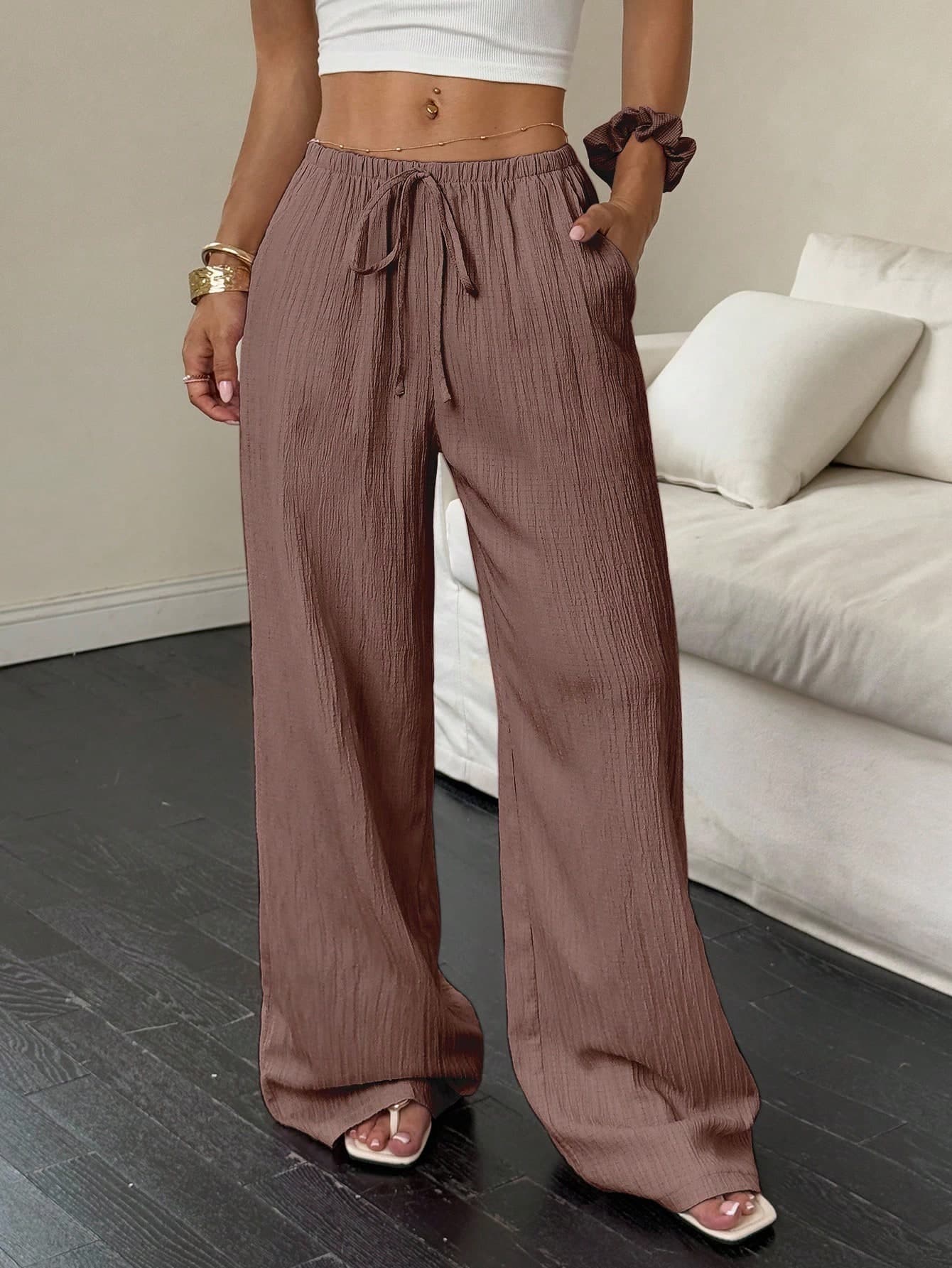 SHEIN Unity Women Casual Loose Wide Leg Pants, Simple Solid Color With Drawstring Fall Cloth For Women