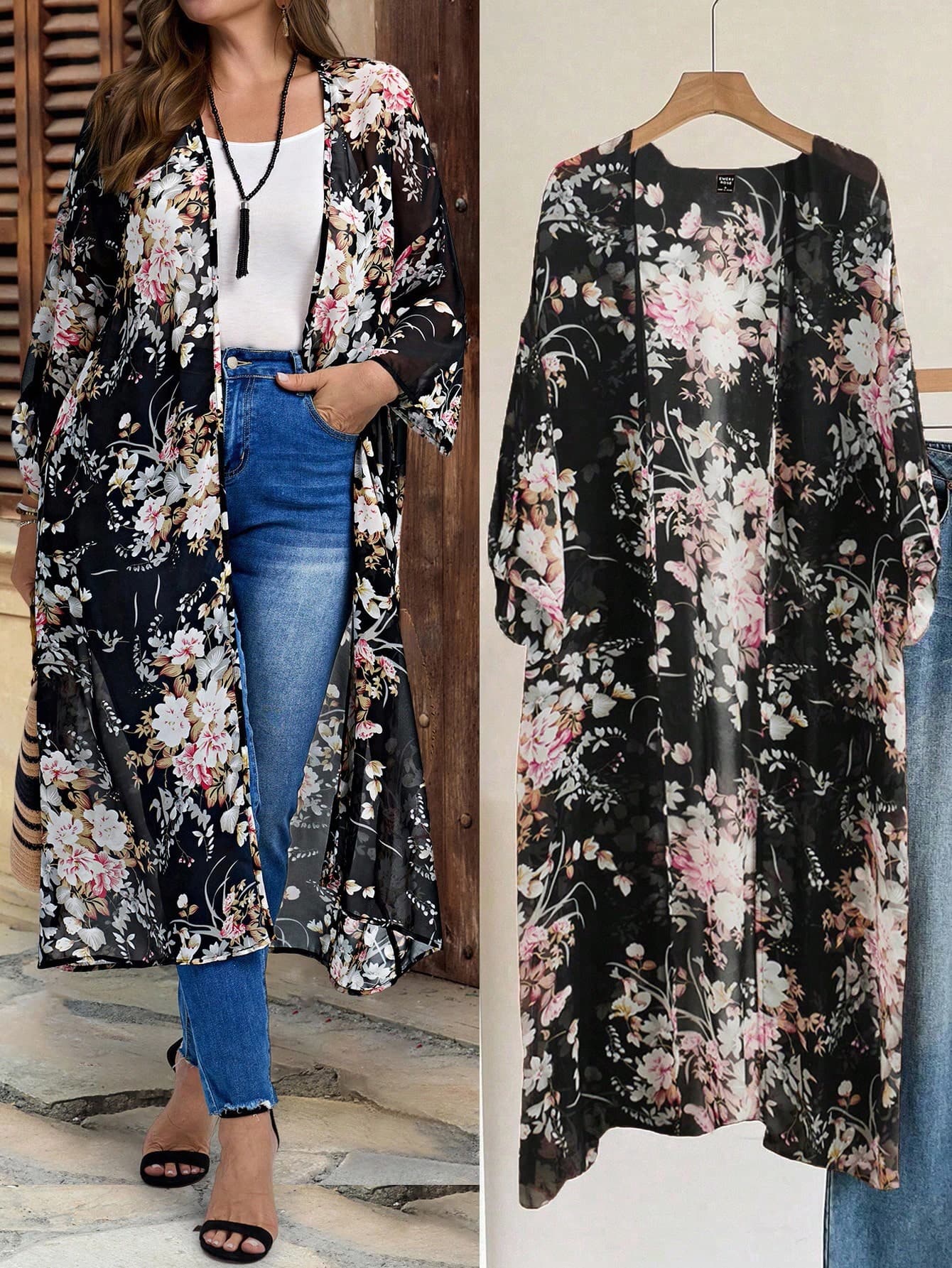 EMERY ROSE Plus Size Black And Red Casual Tropical Floral Kimono,Loose Fit Sheer Long Coat,Versatile Holiday Wear For Women,Suitable For Early Fall & Spring