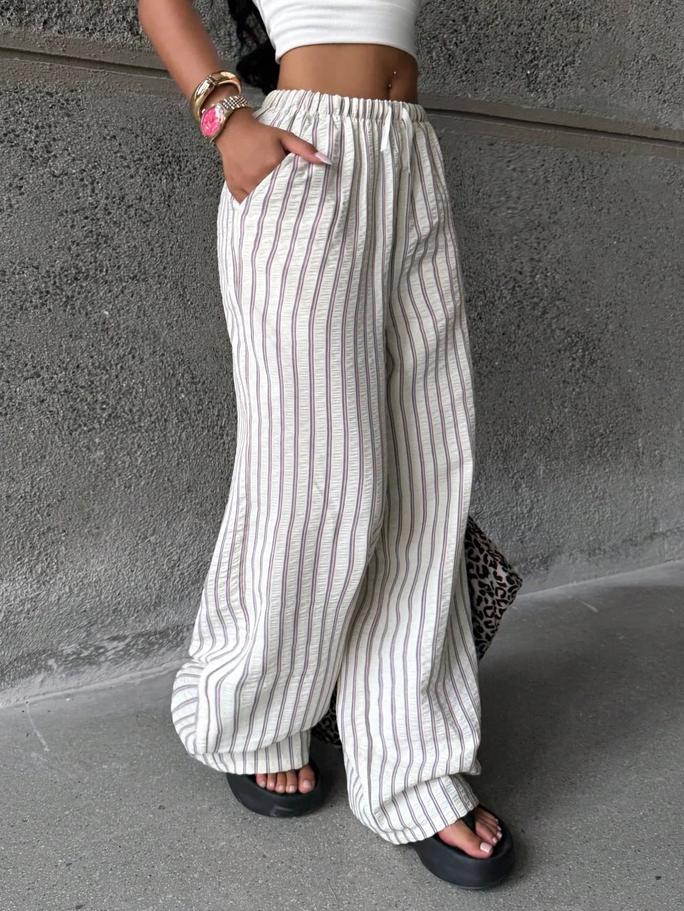 Coolane Kids Teen Girls White Summer Basic Knit Comfort Striped Wide Leg Sweatpants,Petite Clothing Textured Baggy Pants Streetwear Fall Winter Back To School