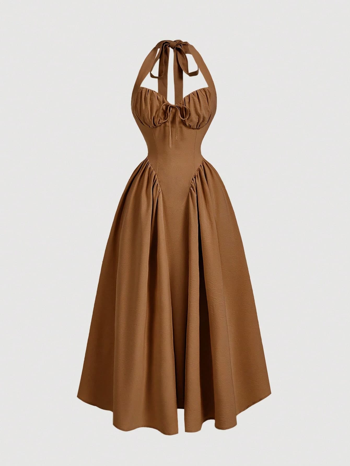 SHEIN MOD Women's Halter Neck Ruched Bow Swing Dress,Coffee Brown Summer 70s Tea Party Masquerade Ball Birthday Princess New Years Eve Outfit