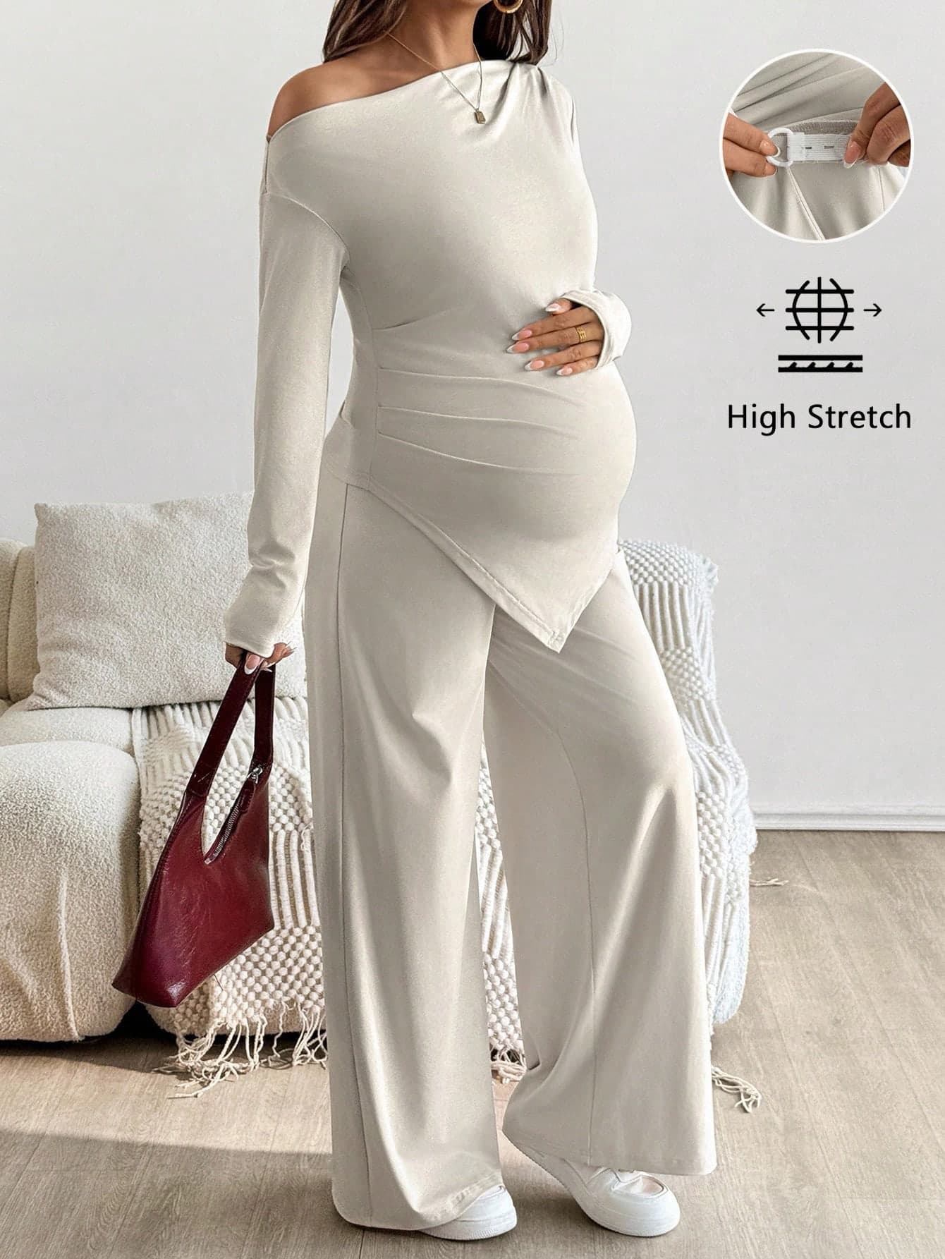 SHEIN Fall Clothes 2pcs Pregnant Women Casual Solid Color Asymmetric Top And Pants Set World Cup