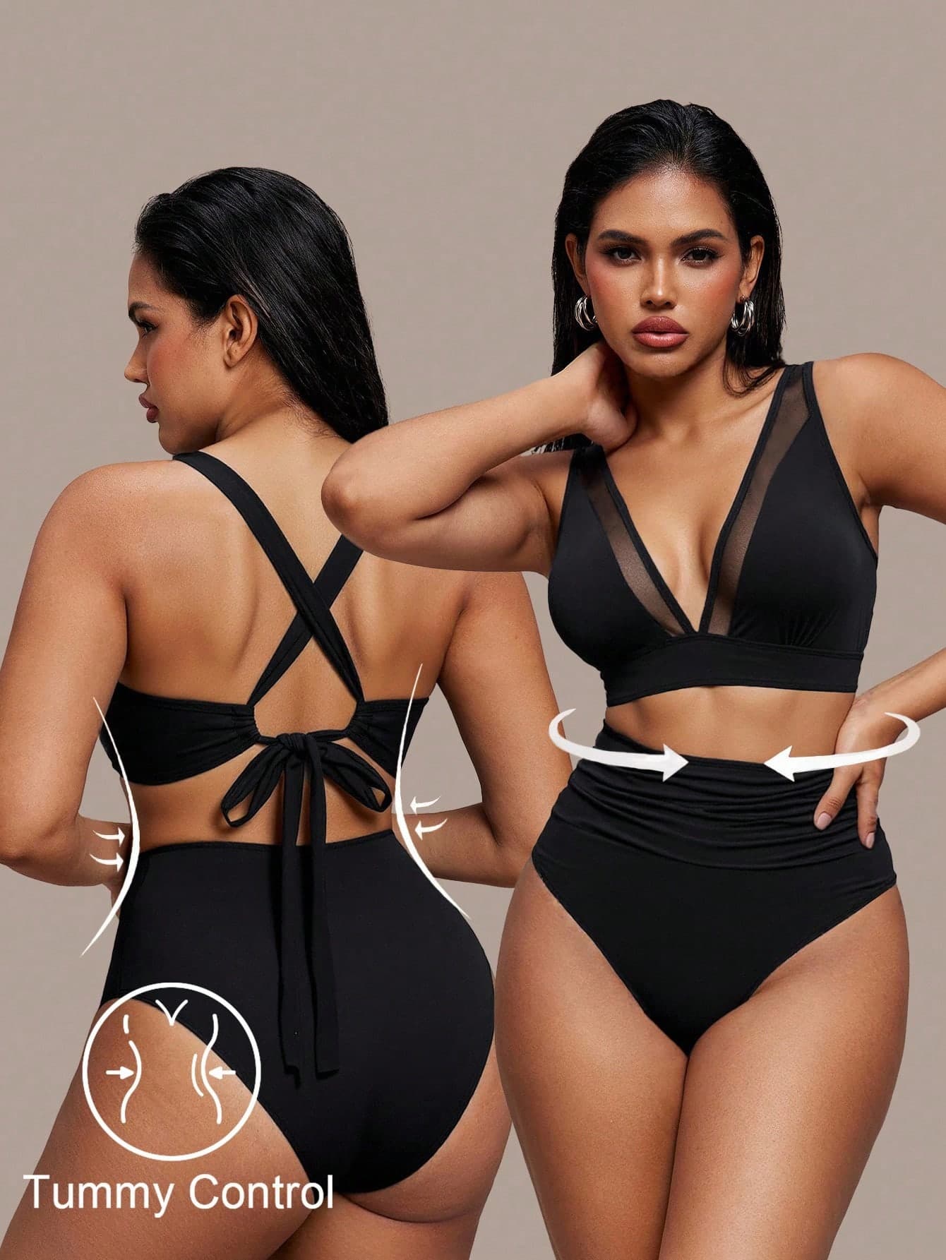 Shapewave 2pcs Women Black Bikini Set,Mesh Panel,Crossover Strap V-Neck,Backless Ribbon Tie,High Waist Ruched Bottoms,Elegant Summer Beach Vacation Holiday