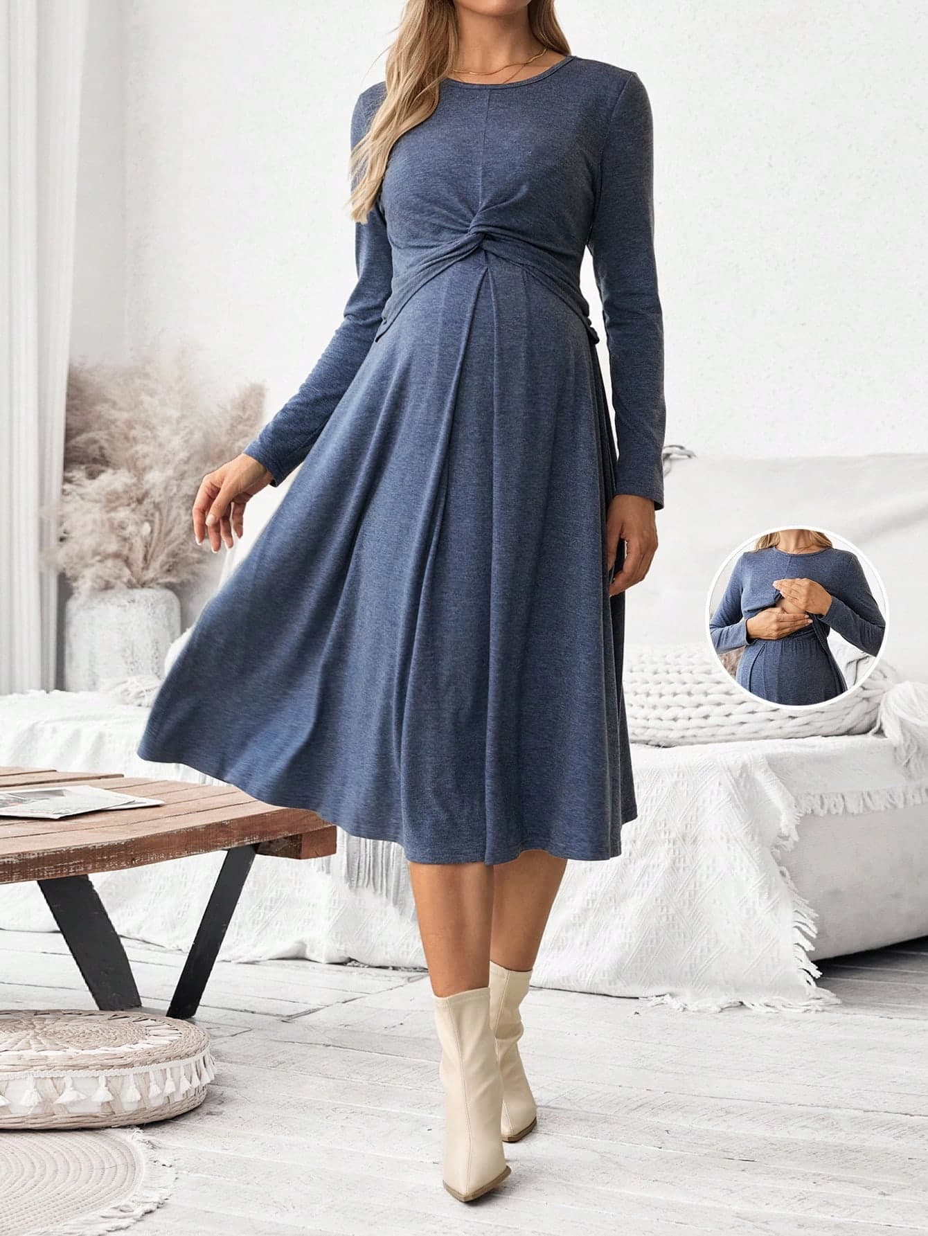 SHEIN Pregnant Women's Casual Solid Color Twist Waist Nursing Dress, Spring/Autumn Fall Baby Shower