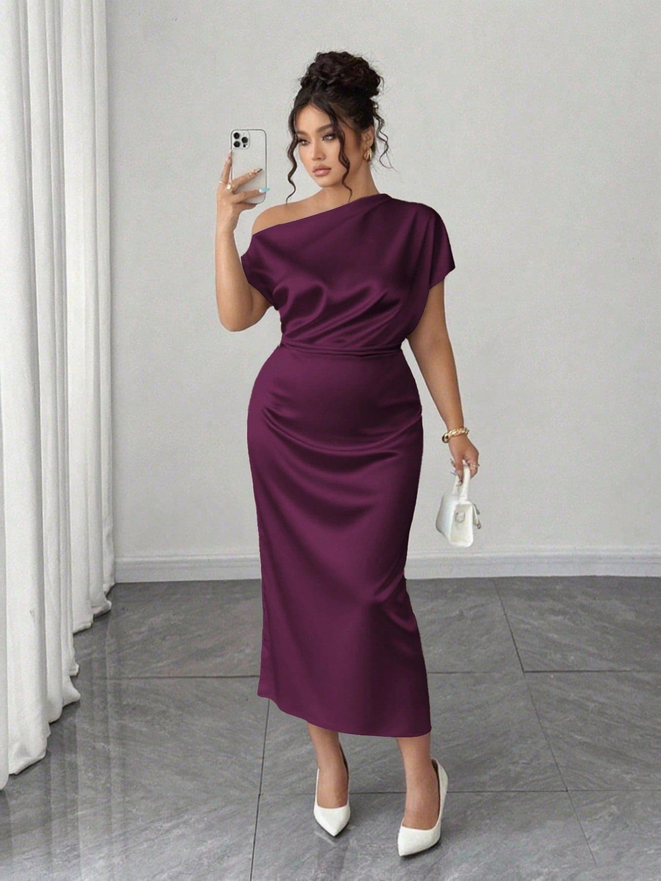 Elenzga Plus Size Women Satin Draped Neck Cold Shoulder Asymmetric Ruched Waist Slim A-Line Dress For Summer
