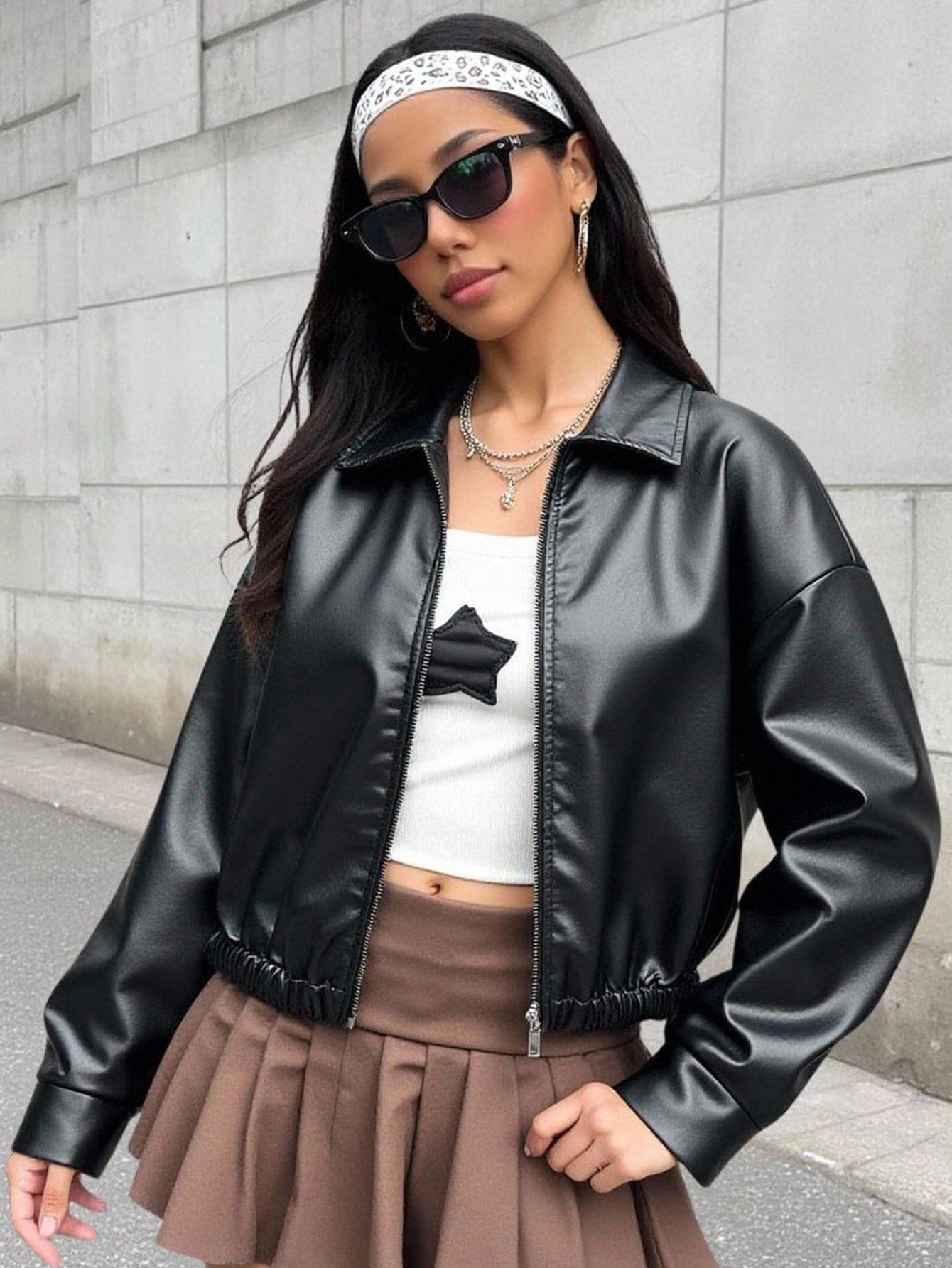 SHEIN Teen Girls Black PU Leather Jacket,Autumn Streetwear Short Casual Zipper Cropped Outwear,Cool Sporty Solid Collar Versatile Jacket For Fall/Winter