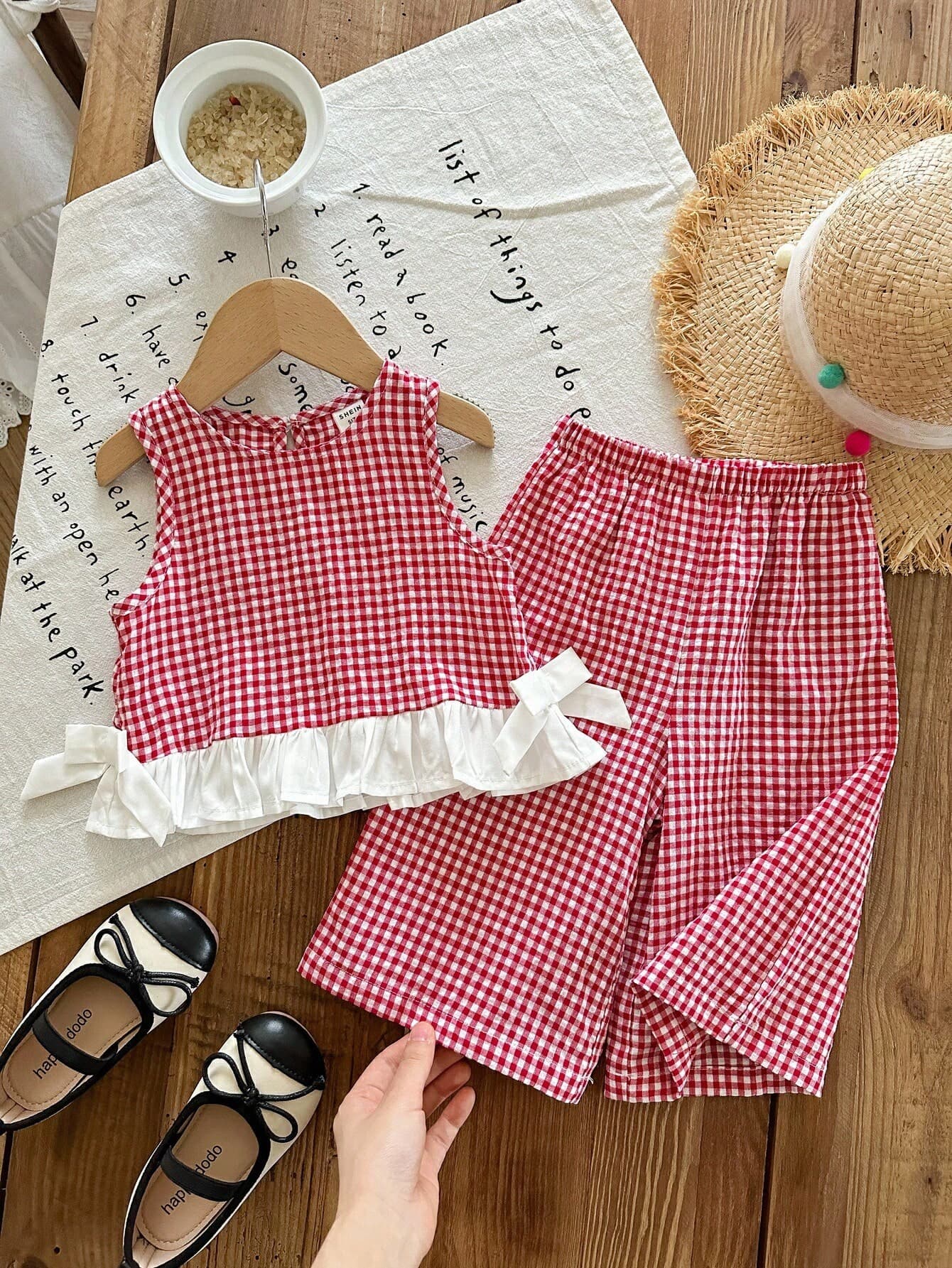 SHEIN LMoss Kids Summer Babygirl Cute Red & White Plaid Ruffle Trim Sleeveless Top And Elastic Waist Loose Wide Leg Pants Set