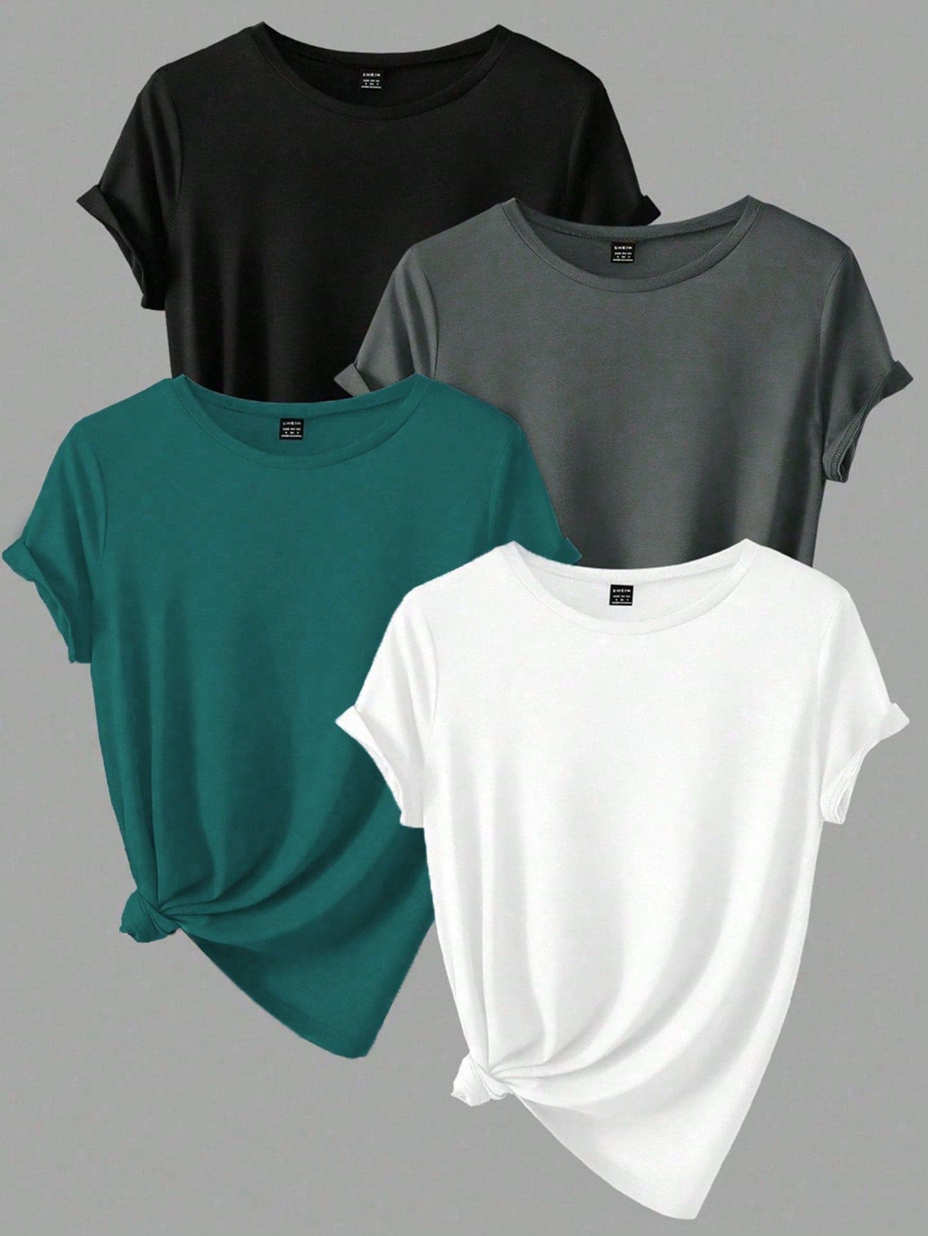 INAWLY 4pcs Women Plain Color Casual Versatile Short Sleeve T-Shirts