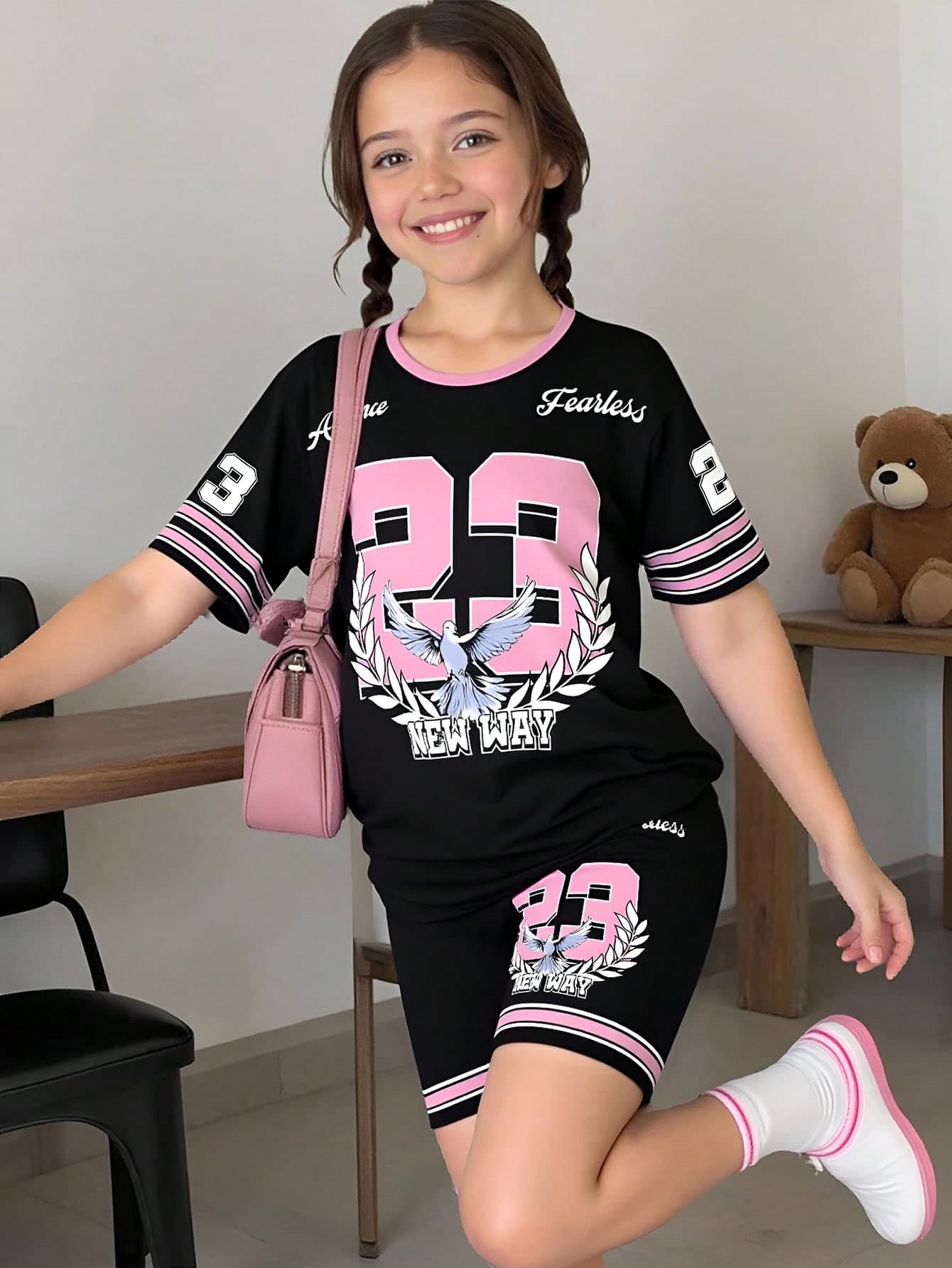 2pcs/Set Tween Girls White Dove Printed Contrast Color Crew Neck Loose T-Shirt And Black Knitted Tight Shorts Sports Set, Summer Street Fashion