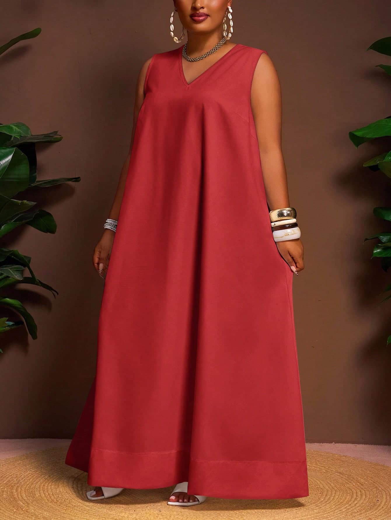 Veslaya Plus Size Red Summer Smart Casual Vacation Maxi Dress,Women's V-Neck Solid Loose A-Line Asymmetrical Hem Fall Clothes,Commute Casual Street Wear