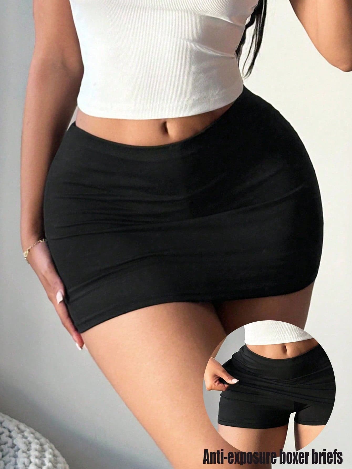 SHEIN SXY Plus Size Women's Solid Color Basic Black Sexy Casual Mini Bodycon Skirt (With Leggings Included),Fall Clothes For Women