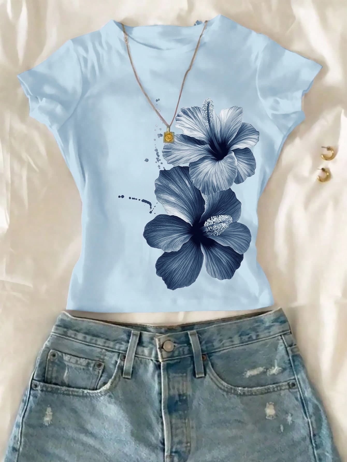SHEIN Tween Girls Floral Print Cropped Fitted Round Neck T-Shirts, Casual & Comfortable For Summer