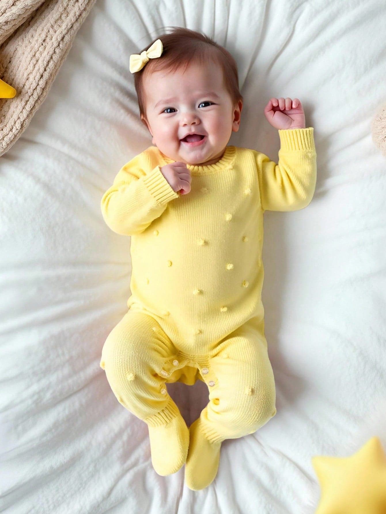 SHEIN Butter Yellow Cute Newborn Sweater Romper,Autumn Jumpsuit With Footies For Infants,Long Pants Cover The Feet,Fashionable Fall Kids Clothes Outfits