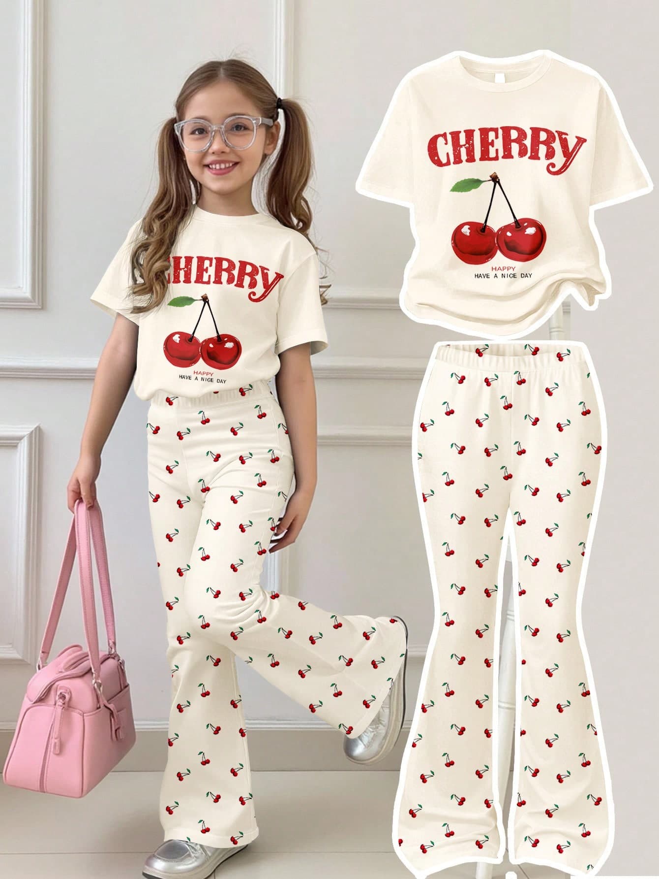 SHEIN Leap Crew 2pcs Tween Girl Red And White Vintage Cherry Print T-Shirt & Skinny Flare Pants Set,Cute Summer School Outfits,Casual Loose Round Neck Short Sleeve