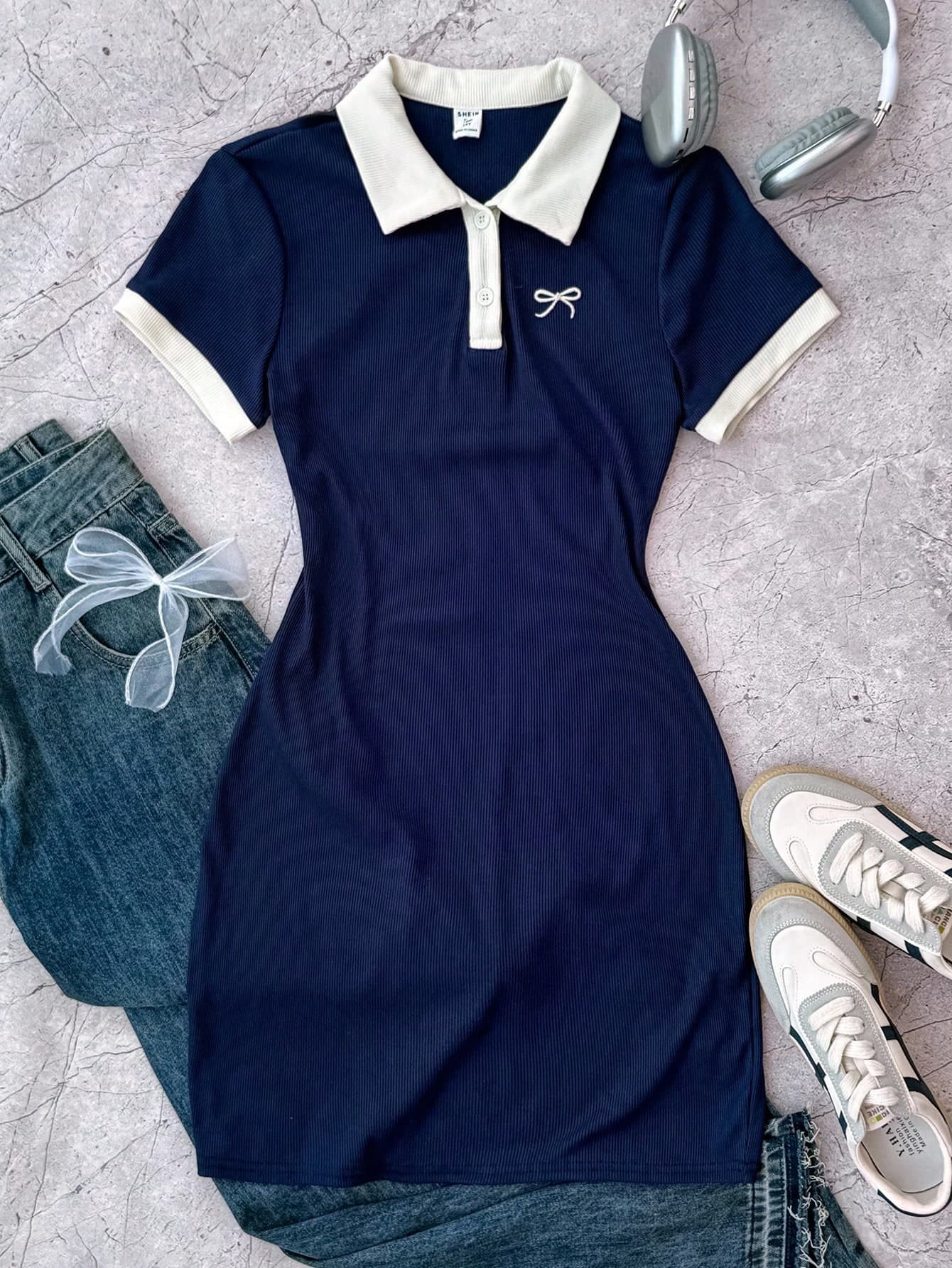 Teen Girls Navy Blue Polo Dress With Contrast Collar And Graphic Detail Collared Dress Navy Blue Dress Preppy Dress