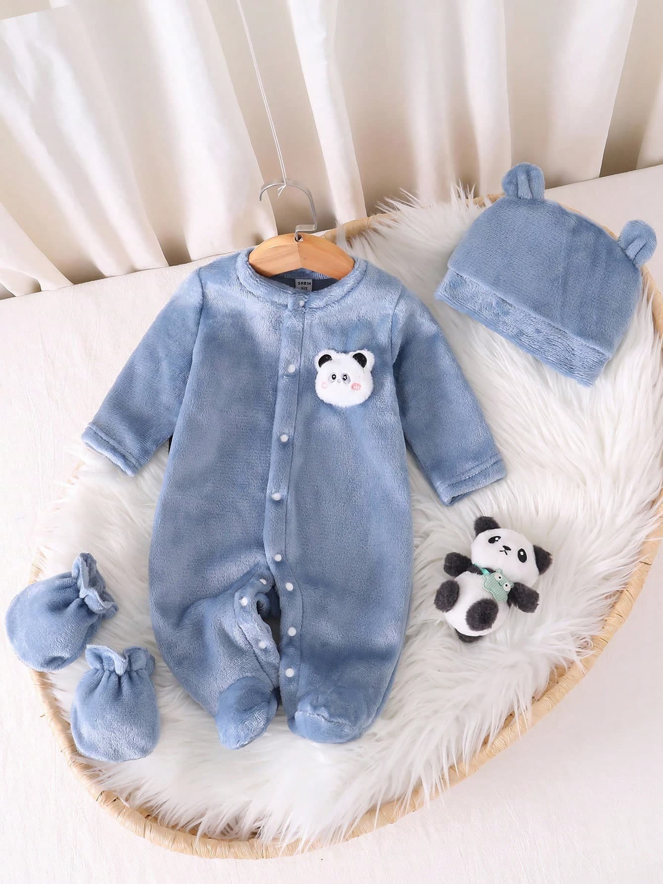 SHEIN Newborn Baby Boy Long Sleeve Jumpsuit With Hat And Gloves,Dusty Blue Winter Kawaii Sibling Matching,Infant Homewear Set Soft Fall Winter Pajamas