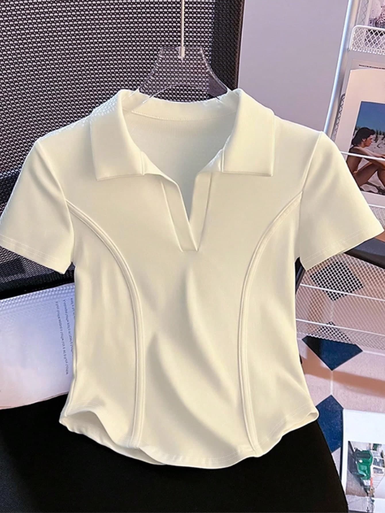 Resyla White Polo Shirt Women Short Sleeve T-Shirt Summer Turndown Collar Fitted Cropped Fishbone Top