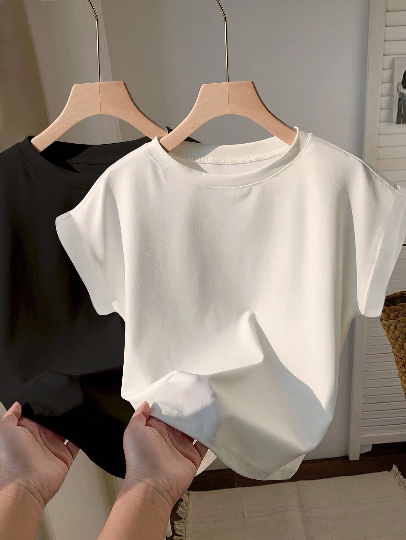 Comfortcana 2pcs Round Neck Drop Shoulder Short Sleeve T-Shirts,Slightly Sheer Suitable For Summer