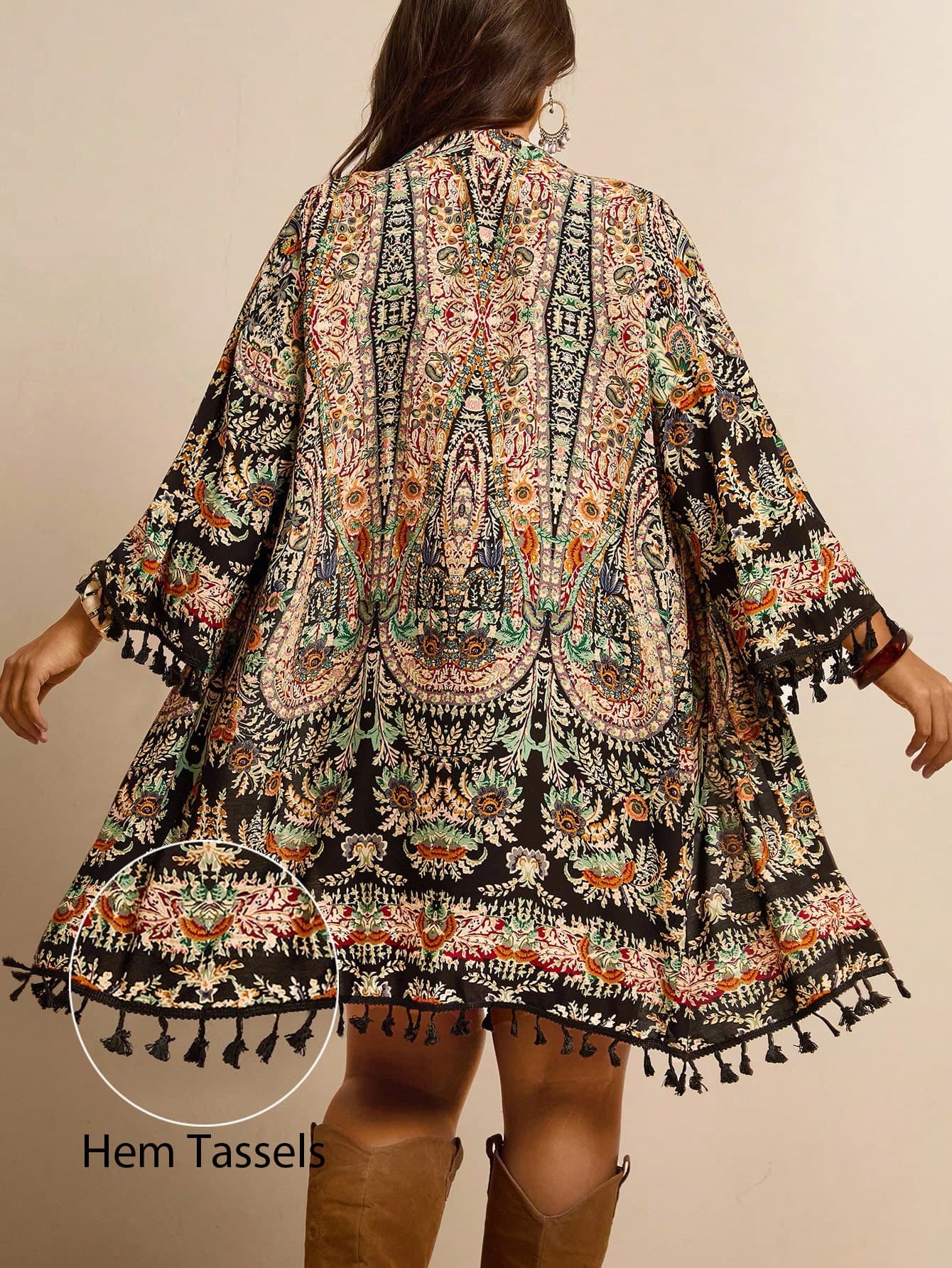 Freevana Plus Size Printed Beach Fringed Hem Kimono,Autumn,Eclectic,Holiday Elegant Vacation Style,Boho Bohemian Hippie Print Summer Travel Airport Fall